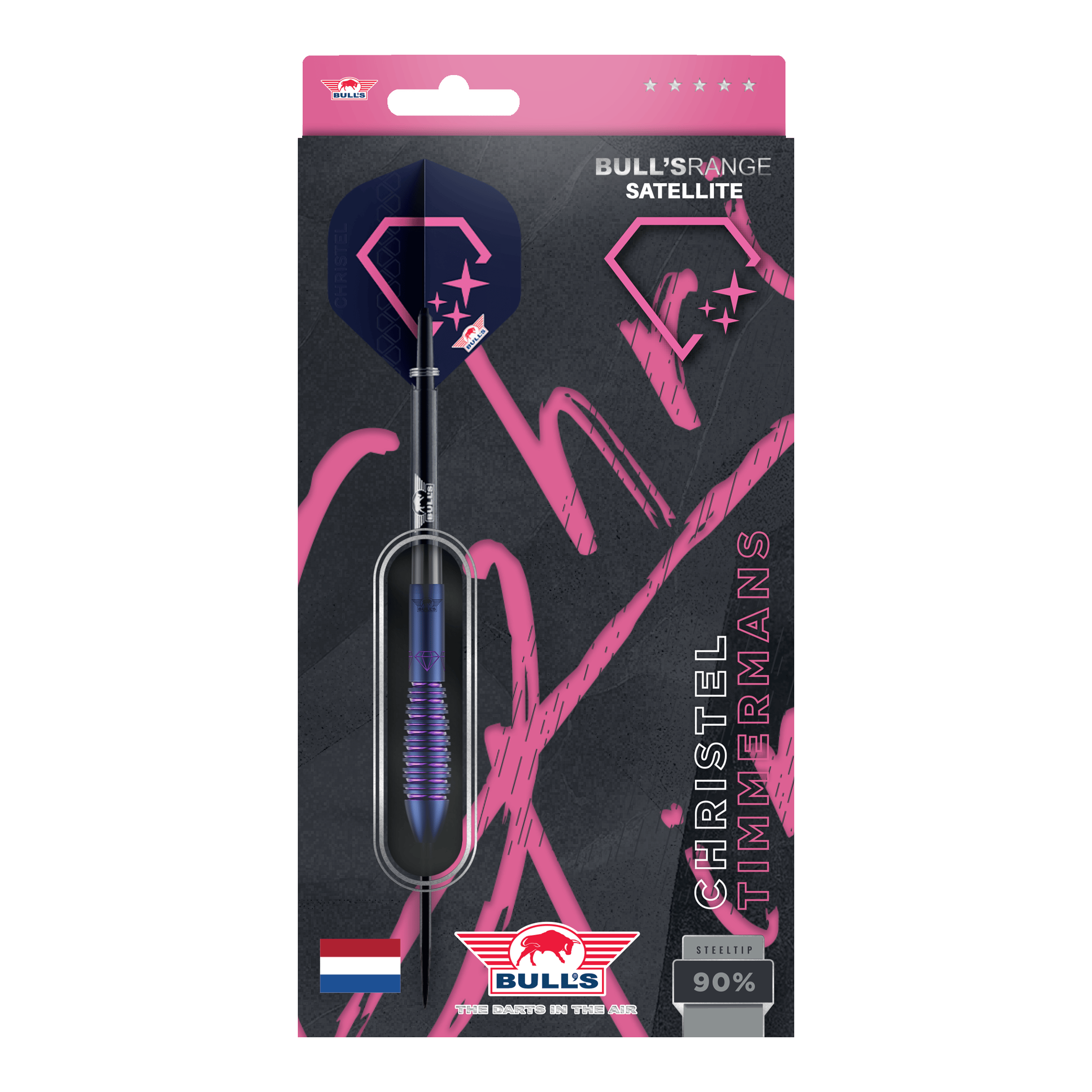 Bulls NL Christel Timmermans Satellite 90 steel darts 25g Die Bulls NL Christel Timmermans Satellite 90 Steeldarts 25g sind auf dem Bild abgebildet. Es handelt sich um hochwertige Steeldarts für Präzision und Leistung.