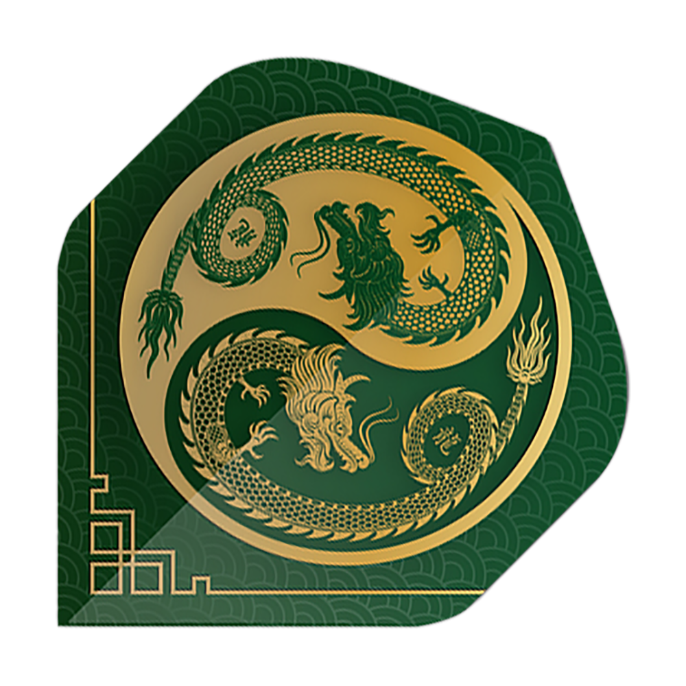 Pentathlon Flights Dragon green Das Bild zeigt einen Pentathlon Dragon 3 Standard Flight in Grün mit einem goldenen Drachenmotiv. Das Design ist detailreich und erinnert an ein asiatisches Kunstwerk.