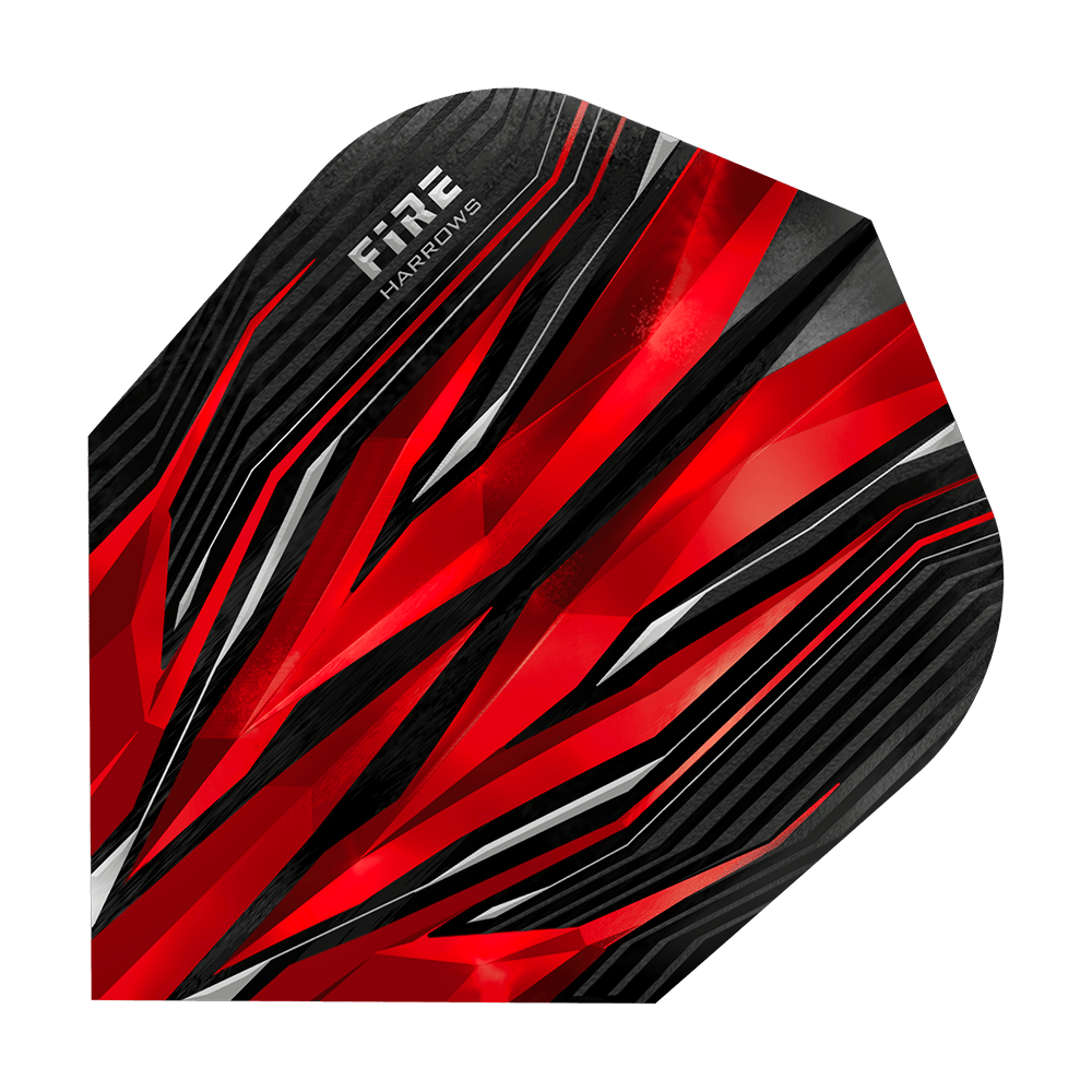 HR1_Harrows_Fire_Red_Standard_Flights_1Tl705vunaS1Pg Dies ist ein Harrows Fire Red Standard Flight für Darts. Das Design zeigt auffällige rote, schwarze und weiße Linien mit einem modernen, dynamischen Muster.