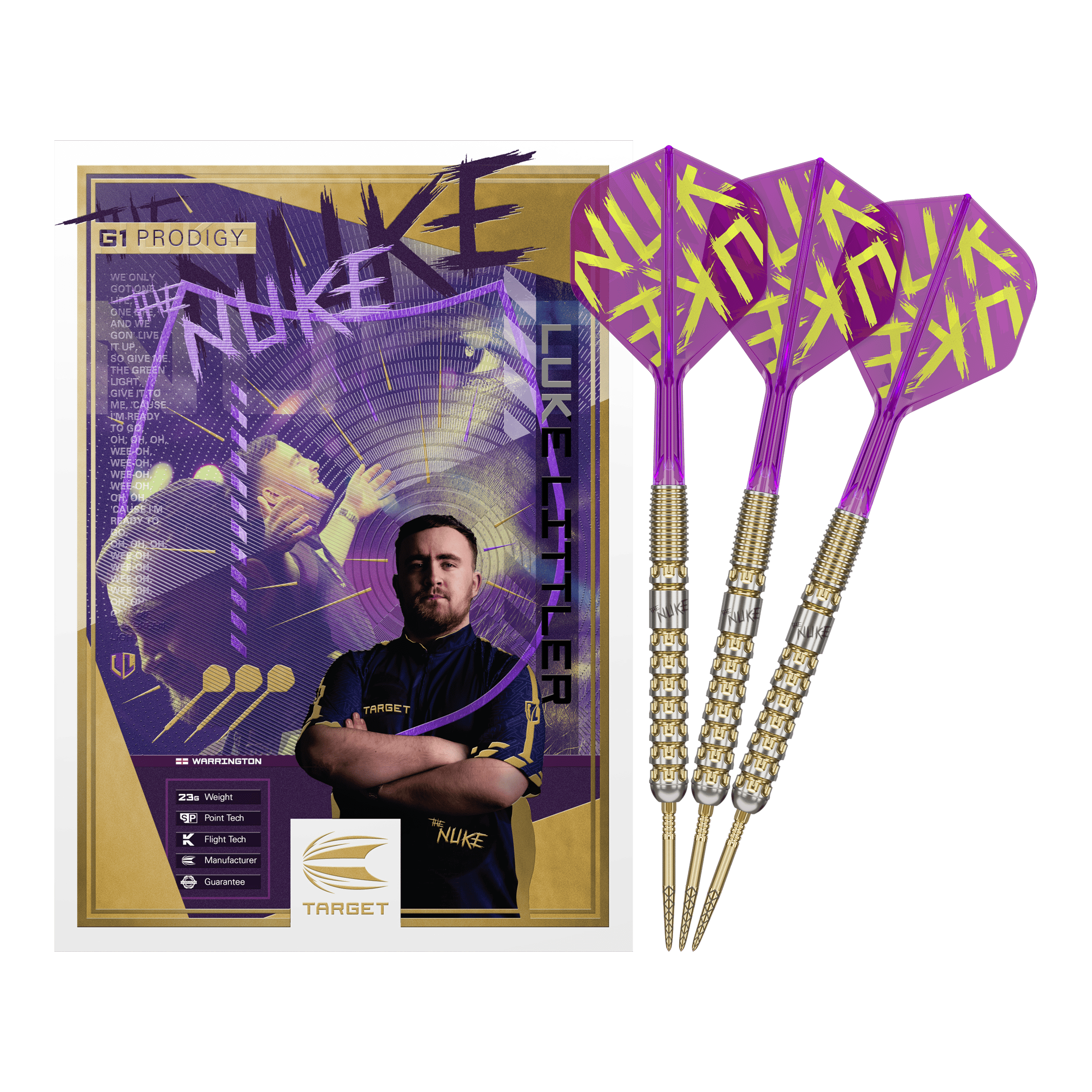 Auf dem Bild sind drei Darts mit lila-gelben Flights und silbernen Schäften zu sehen. Daneben befindet sich eine Verpackung mit einem Porträt eines jungen Mannes und dem Namen "Luke Littler".