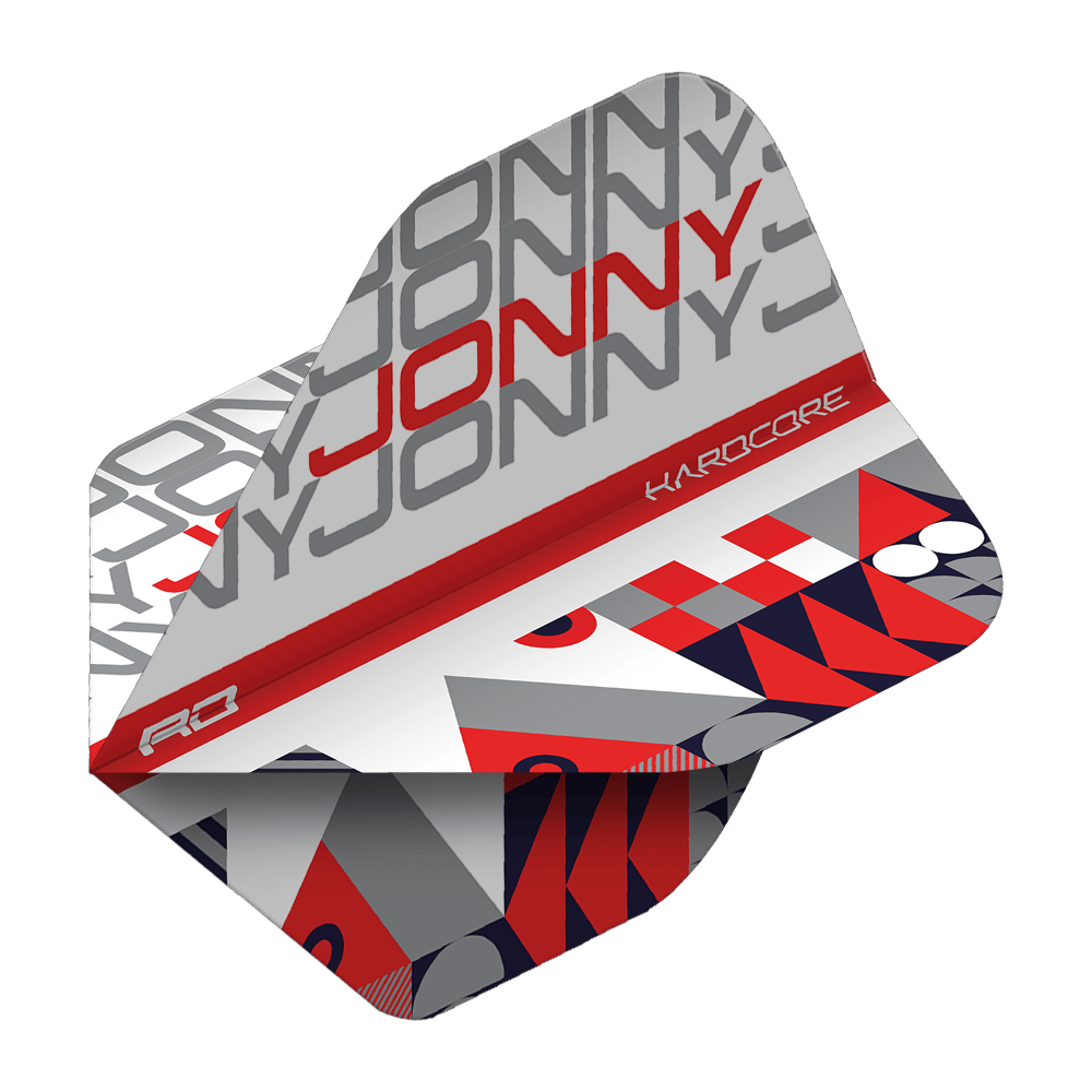 TF6663_Red_Dragon_Hardcore_Jonny_WhiteRed_Standard_Flights_2L1oMNfYKYOfAV Das Bild zeigt ein Dartflight mit dem Aufdruck "JONNY" in grauen und roten Buchstaben. Das Design ist modern und besteht aus weißen, grauen, roten und dunkelblauen geometrischen Mustern.