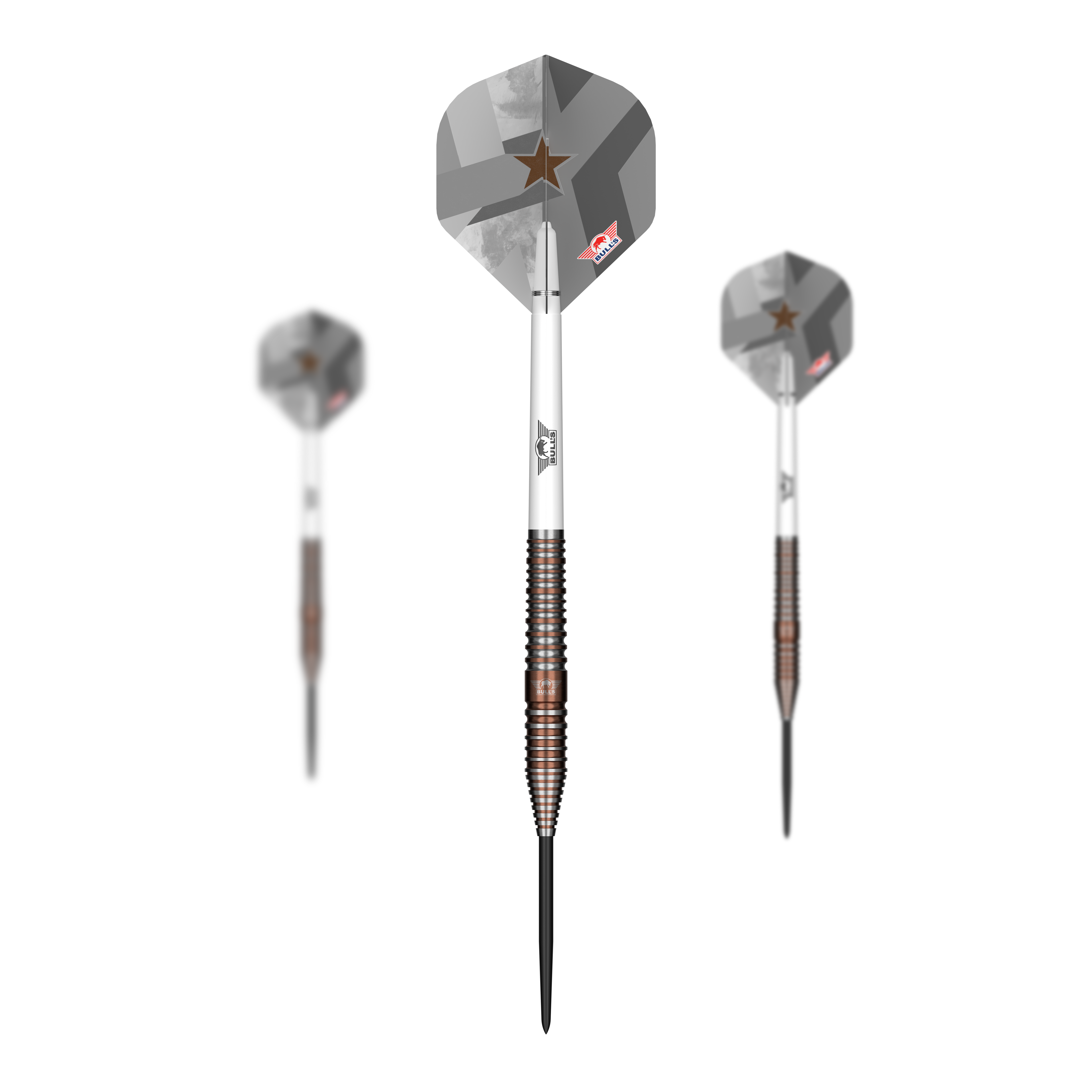 Bulls NL Max Hopp E5 steel darts Hier sind Bulls NL Max Hopp E5 Steeldarts als Set dargestellt. Die Pfeile sind speziell für das Steeldartspiel konzipiert.