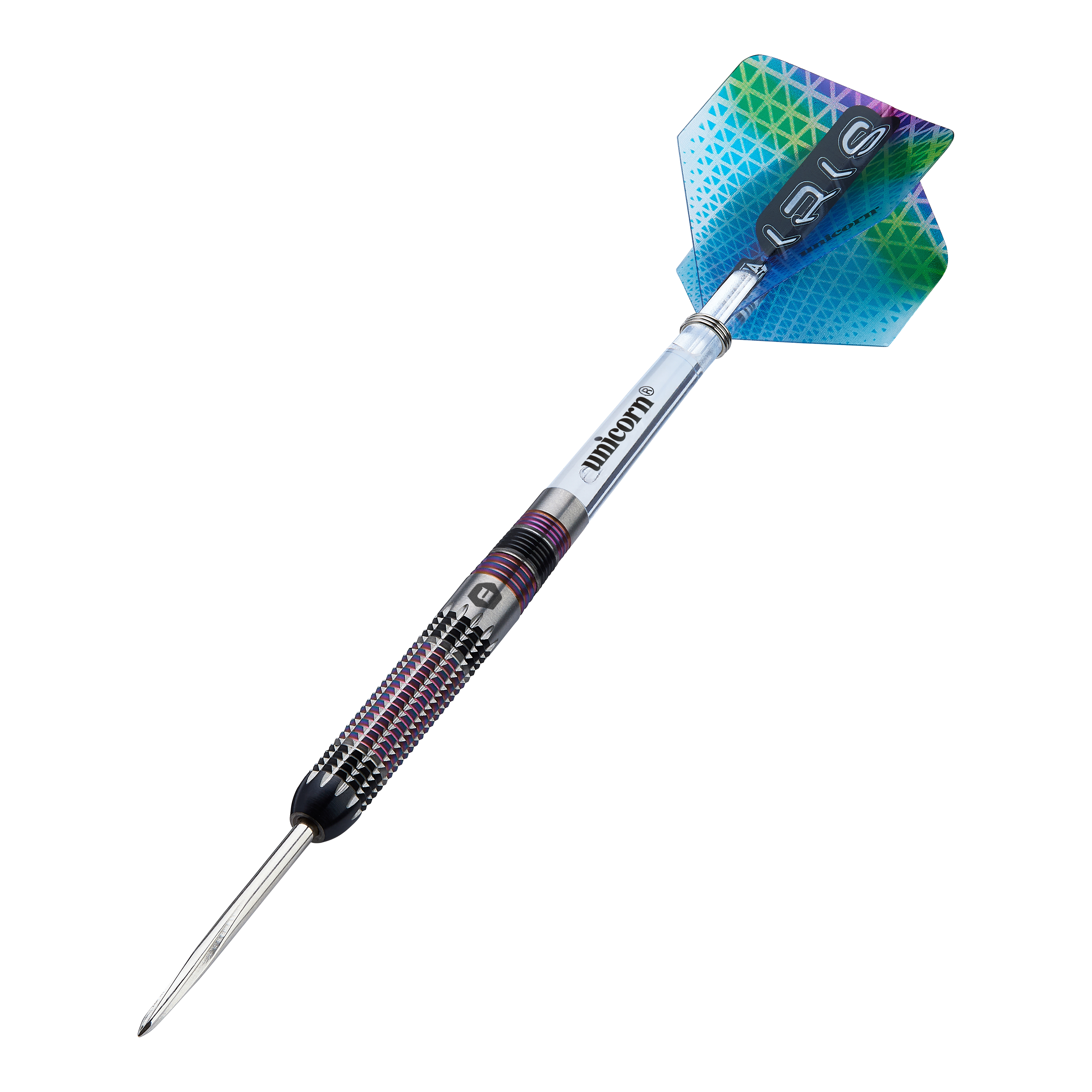 Unicorn Iris Steeldarts Dies ist ein Unicorn Iris Steeldart mit einer farbigen Spitze und einem strukturierten Griff. Die Flights haben ein buntes, geometrisches Muster in Blau und Grün.