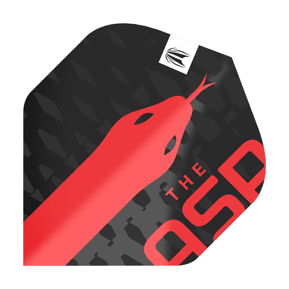 Target Pro Ultra Nathan Aspinall No2 Standard Flights - 3 sets Das Bild zeigt ein Dartflight-Design mit einem roten Schlangenmotiv auf schwarzem Hintergrund. In einer Ecke steht der Text "THE ASP" in roten Buchstaben.