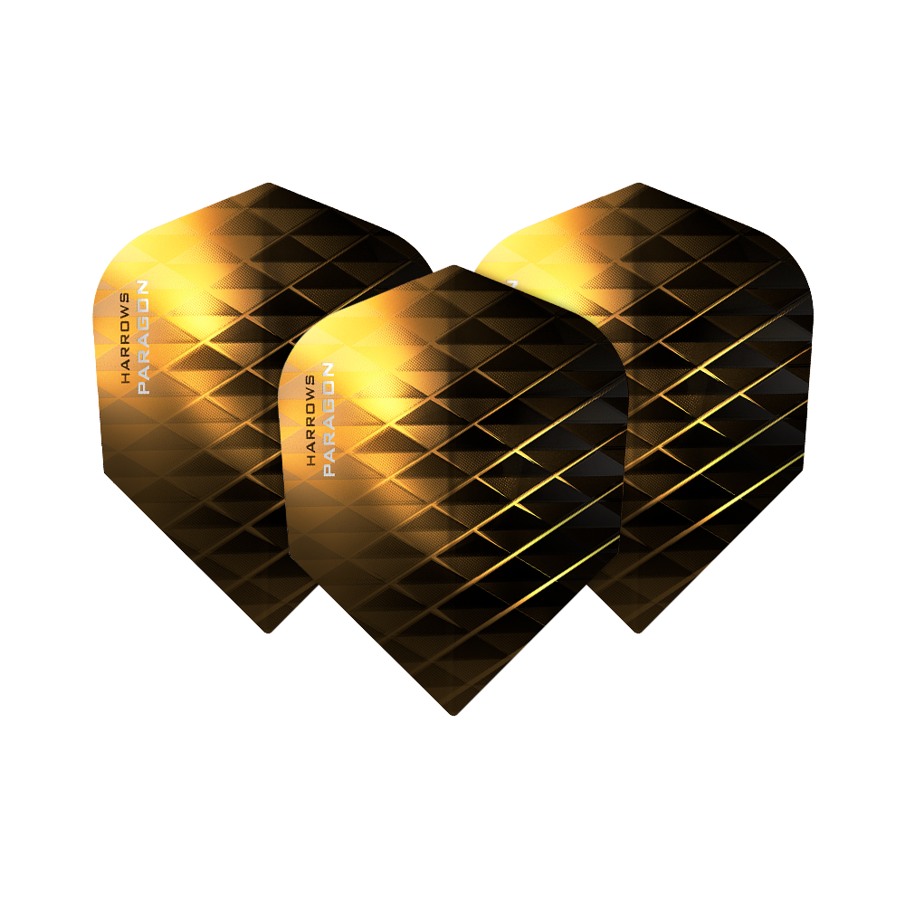 HR7605_Harrows_Paragon_Gold_No2_Standard_Flights_1z1L45aOP0fRWM Das Bild zeigt drei Dart-Flights mit einem gold-schwarzen, rautenförmigen Muster. Auf den Flights steht der Produktname "Harrows Paragon Gold No2 Standard".