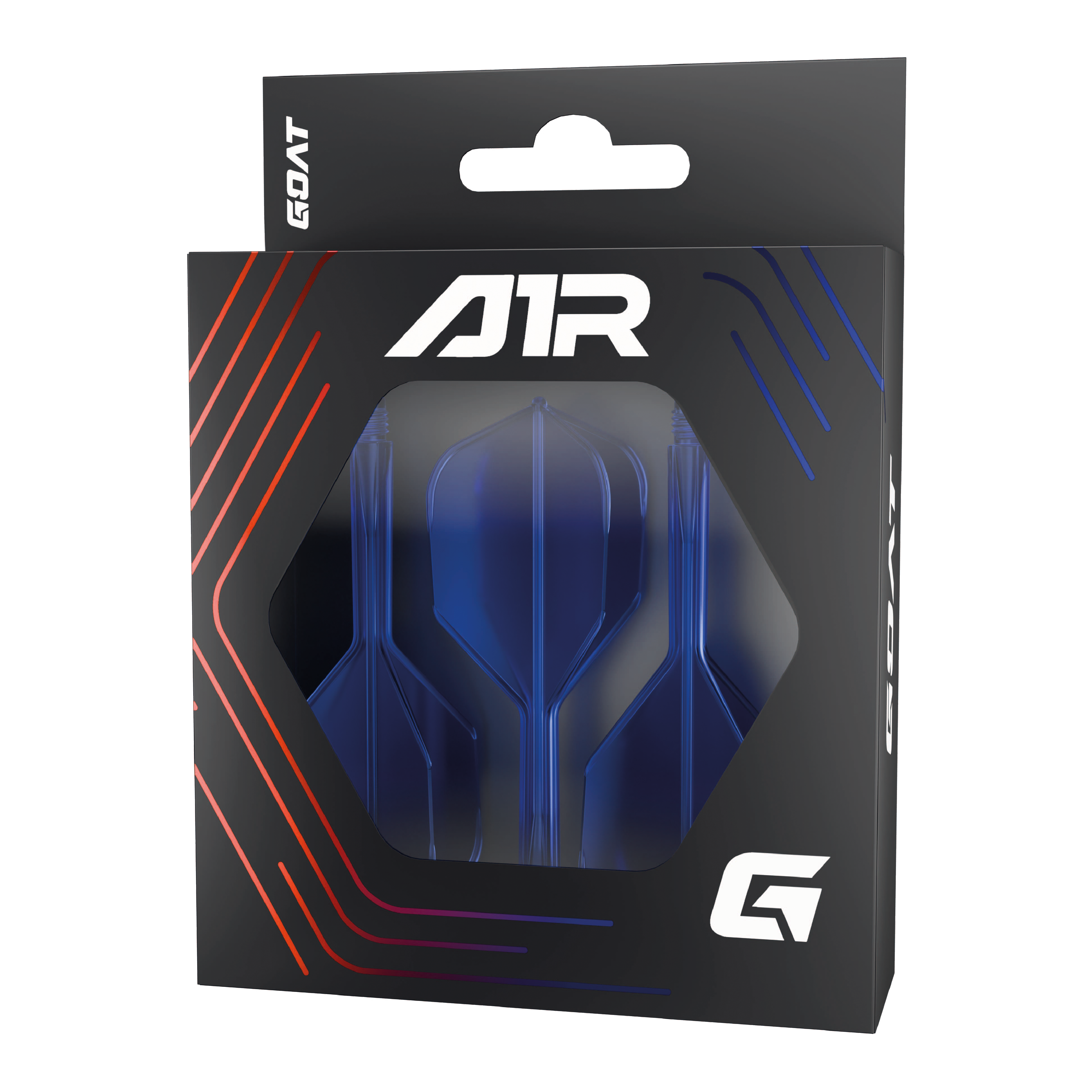 GOAT A1R No6 Flight Shaft System - Blue Die Abbildung zeigt das Produkt "GOAT A1R No6 Flight-Shaft-System - Blau" in seiner Verpackung. Im Inneren sind blaue Dart-Flights und -Schäfte sichtbar.