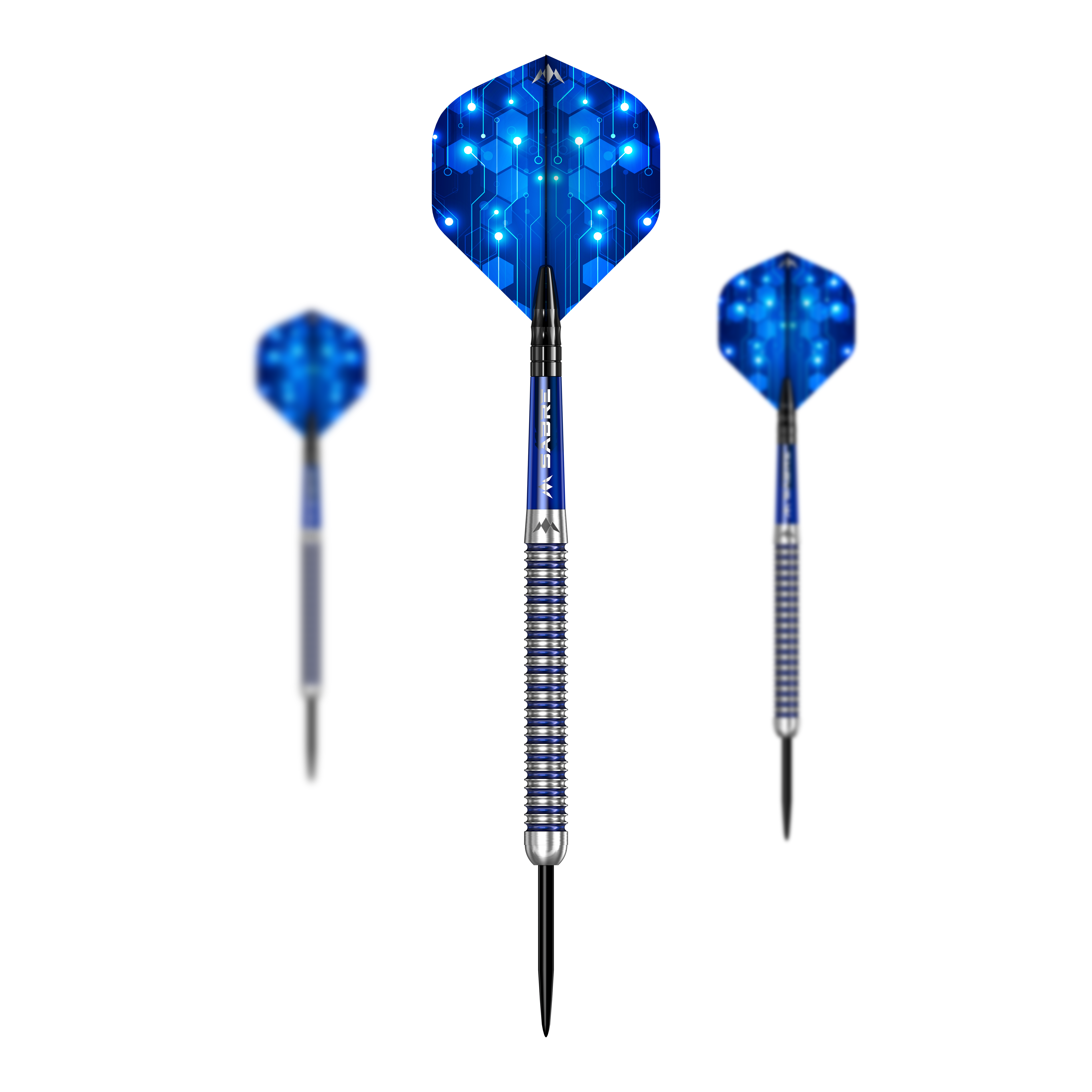 Mission ION Blue Silver steel darts Hier ist das Set Mission ION Blue Silver Steeldarts dargestellt. Es handelt sich um hochwertige Steeldarts in Blau und Silber.