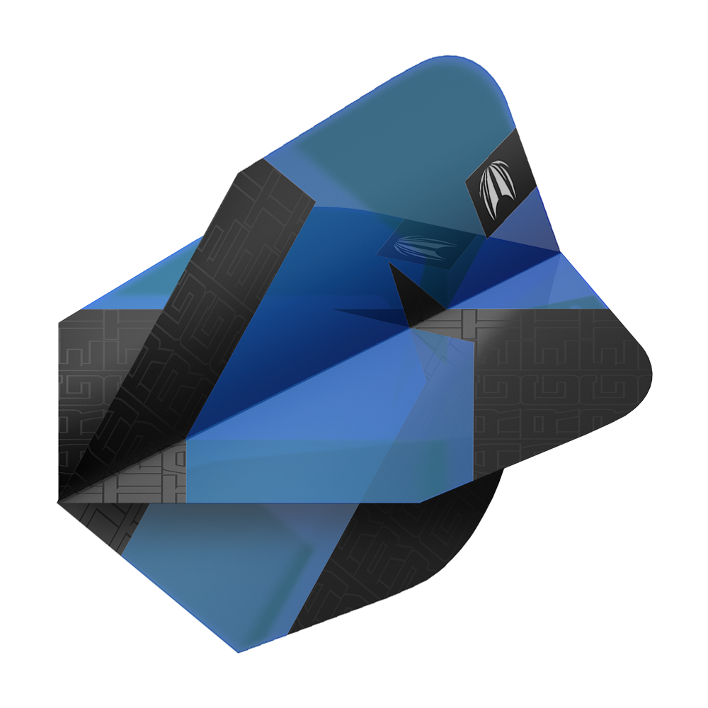 Das Bild zeigt einen blauen Dartflight mit schwarzen Mustern und einem kleinen silbernen Logo. Es handelt sich um das Produkt "Target Pro Ultra TAG Blau Ten-X Standard Flights - 3 Sets".