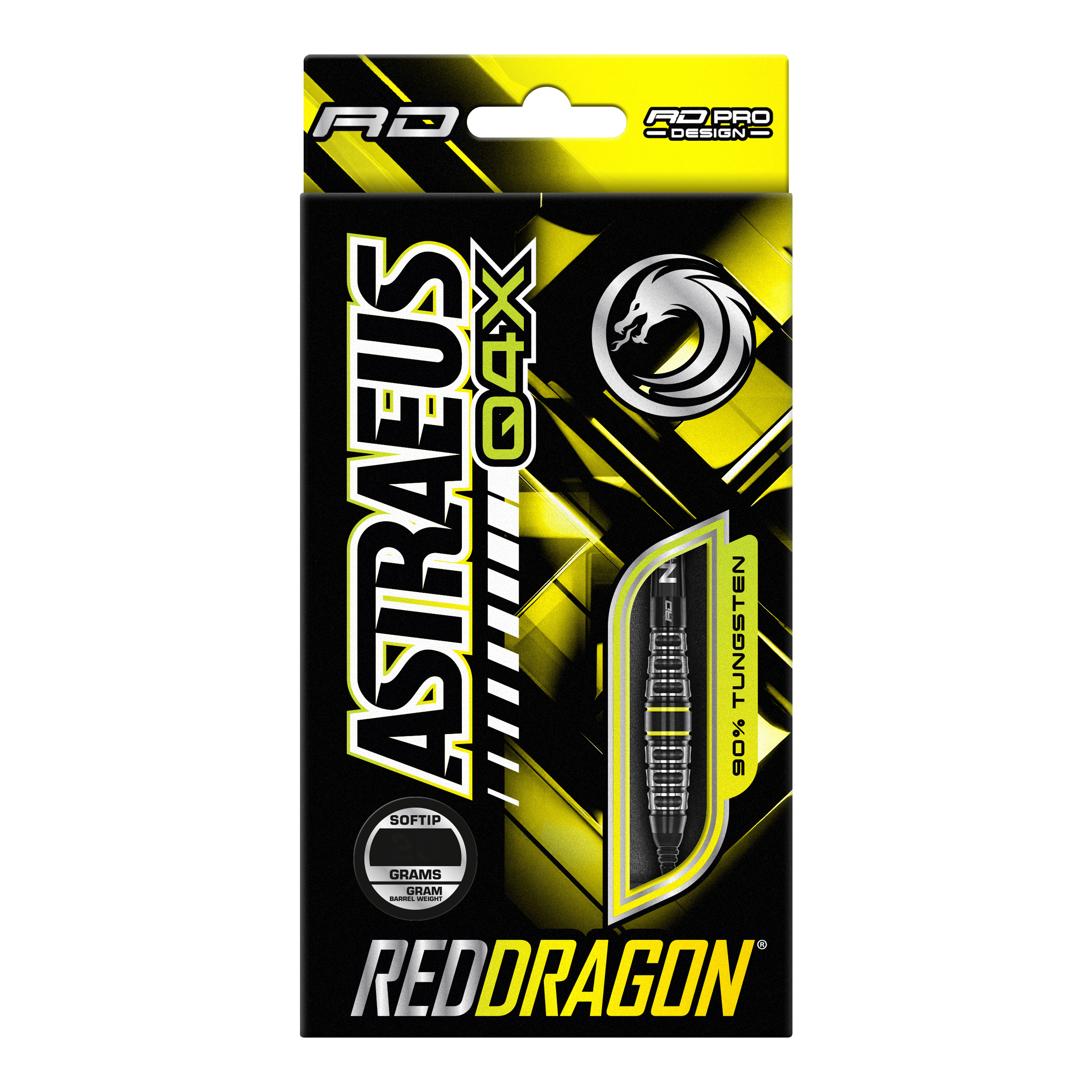 Red Dragon Astraeus Q4X Torpedo Soft Darts - 20g Die Verpackung zeigt die "Red Dragon Astraeus Q4X Torpedo Softdarts" mit einem Gewicht von 20g. Das Design ist in Schwarz und Gelb gehalten und hebt hervor, dass die Darts aus 90% Tungsten bestehen.