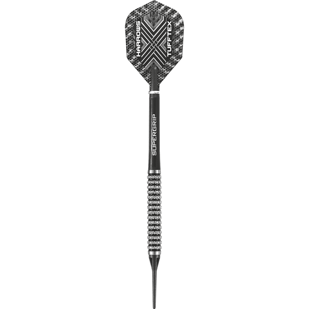 HA06816-Harrows-Nemesis-85-Softdarts-1jNGSHKvs1n2YG Auf dem Bild ist ein schwarzer Softdart mit einer strukturierten Griffoberfläche zu sehen. Auf dem Flight stehen die Wörter "Harrows" und "Tufftex".