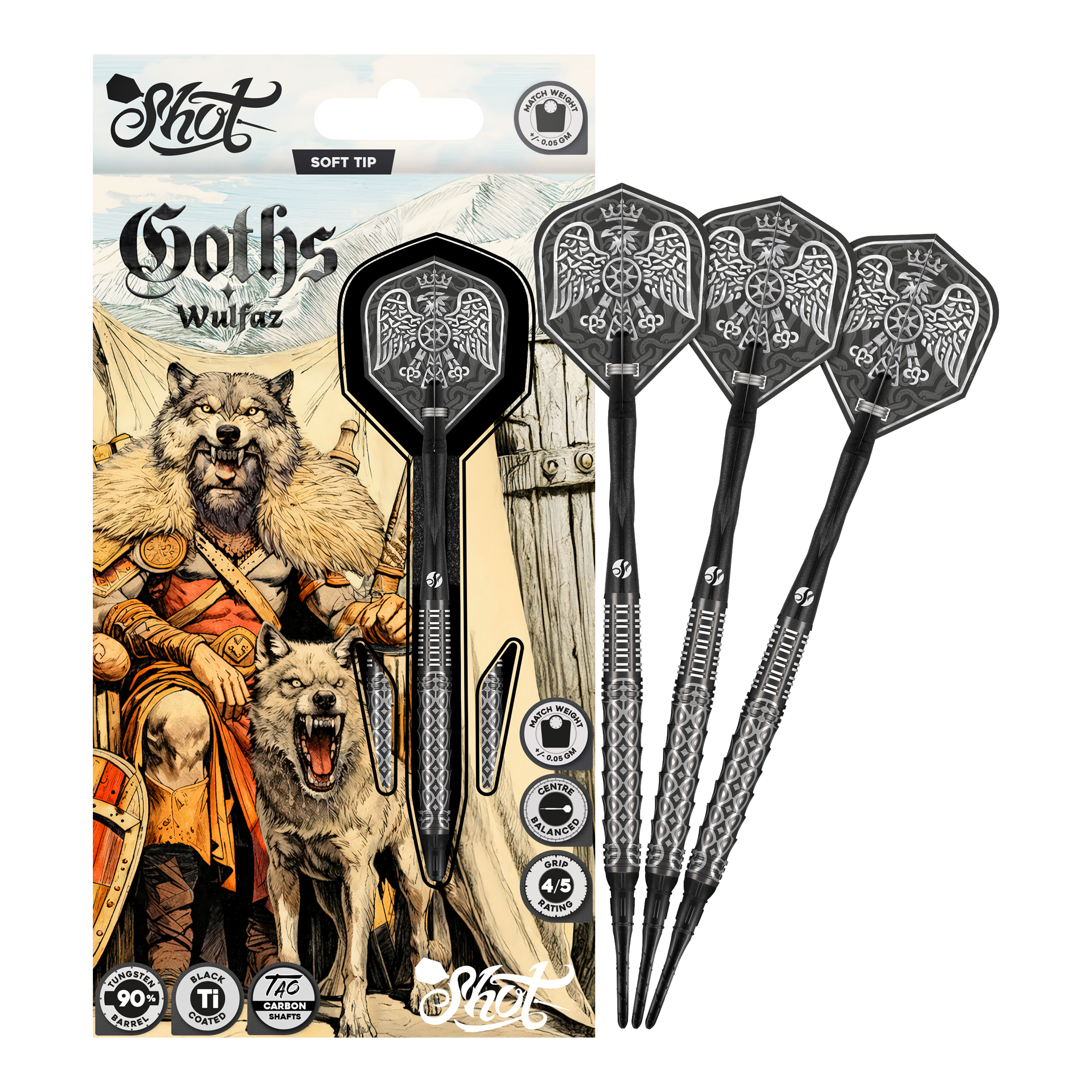 Shot Goths Wulfaz soft darts - 20g Abgebildet sind die Shot Goths Wulfaz Softdarts - 20g in einer Gesamtansicht. Sie sind perfekt für Softdartspieler geeignet.