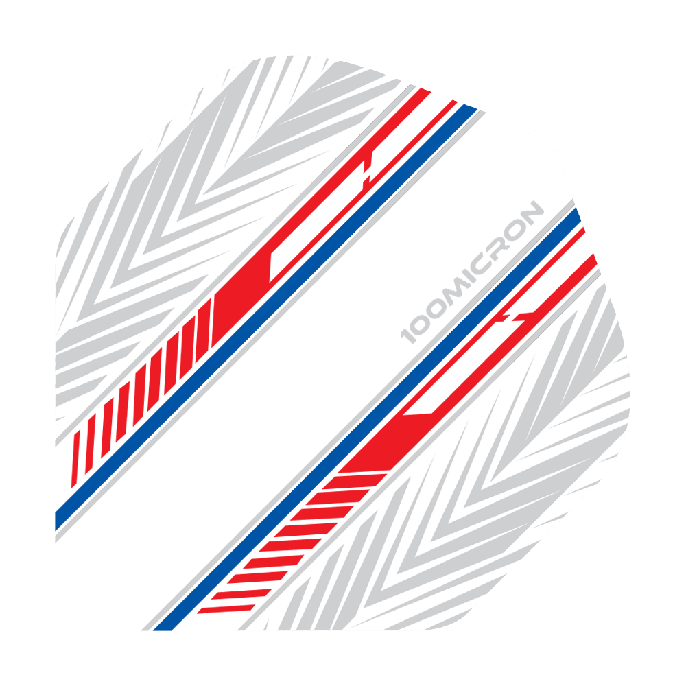Pentathlon Flights white/red/blue Das Bild zeigt ein Dartflight in Weiß mit roten und blauen Streifen. Auf dem Flight steht „100 Micron“ und es hat ein geometrisches Muster im Hintergrund.