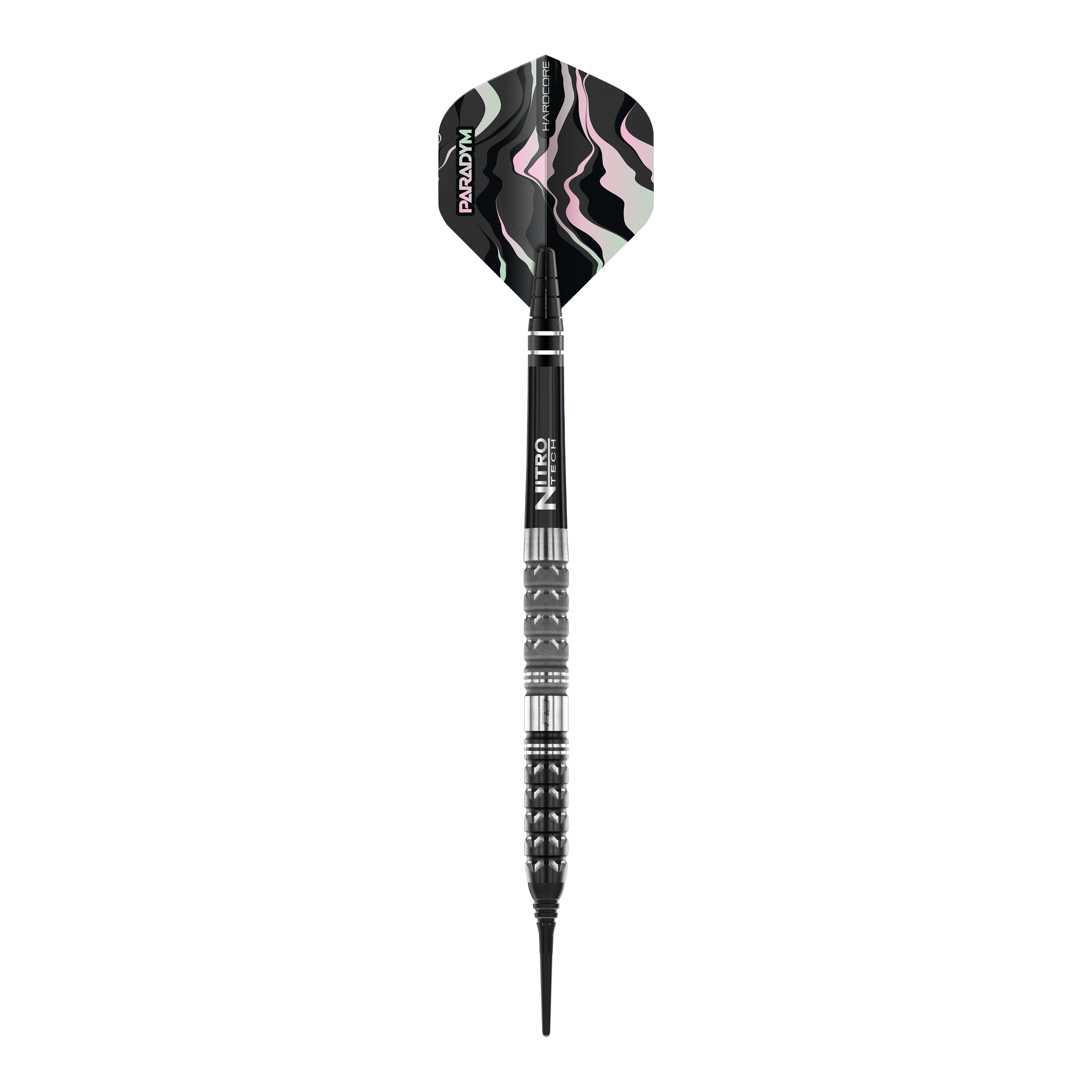 Red Dragon Paradym Tapered Soft Darts - 20g Das Bild zeigt einen Red Dragon Paradym Tapered Softdart mit 20g Gewicht. Der Dart hat ein modernes, schwarzes Design mit Details in Silber und einem gemusterten Flight.