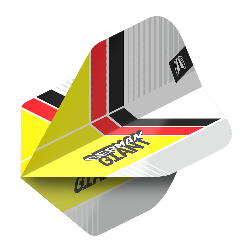 Das Bild zeigt einen Dartflight mit dem Design "German Giant" in gelb, schwarz, rot und weiß. Es handelt sich um das Produkt "Target Pro Ultra Gabriel Clemens No2 Standard Flights - 3 Sets".