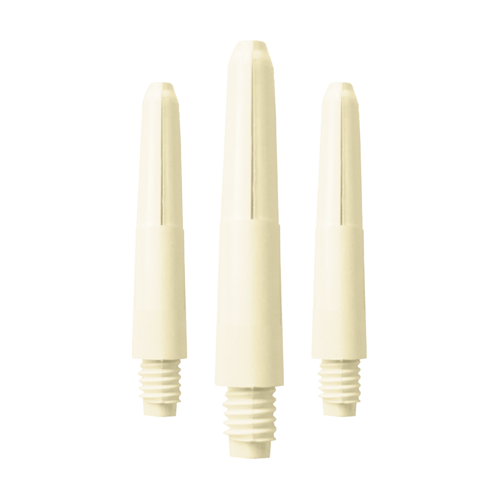 575_Nylon_Shafts_Naturweiss_28mm_1 Das Bild zeigt drei Nylon-Schäfte in Naturweiß. Sie haben ein Schraubgewinde am unteren Ende.