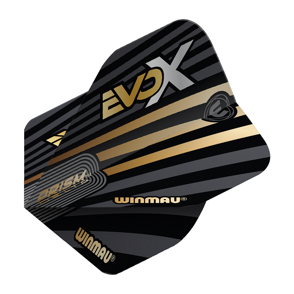 Das Bild zeigt die Winmau Prism Delta MvG Evo-X No2 Standard Flights. Die Flights sind schwarz-gold gestaltet und mit den Aufschriften "EVO X", "WINMAU" und "PRISM DELTA" versehen.
