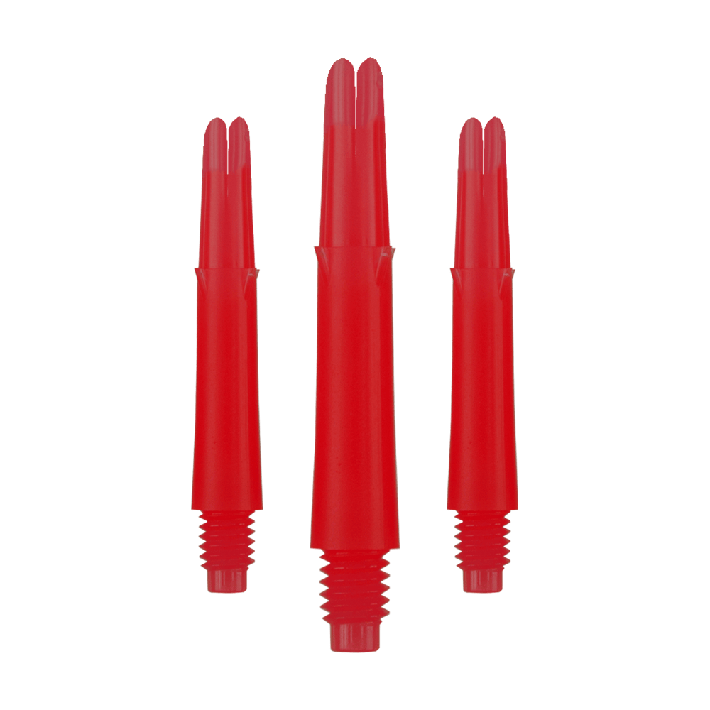 L-L-Style-Shafts Locked Straight - Red Auf dem Bild sind drei rote, gerade Dartschäfte zu sehen. Sie haben ein Schraubgewinde am unteren Ende und sind jeweils 32 mm lang.