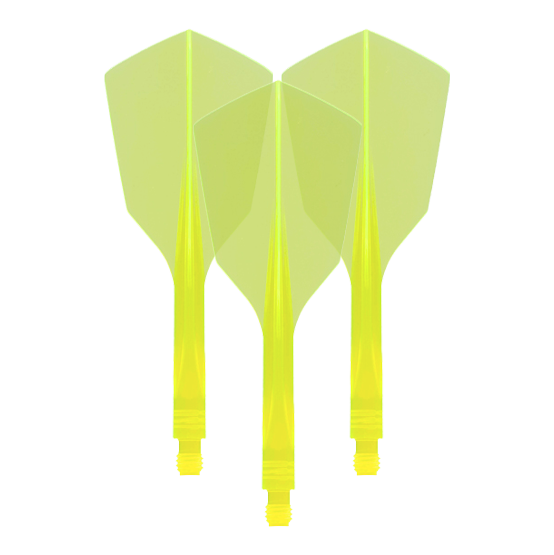 Das Bild zeigt drei neon-gelbe Dartflights mit schmaler Form. Es handelt sich um das Produkt „Condor Axe 120 Flight-System Neon Yellow - Narrow“.