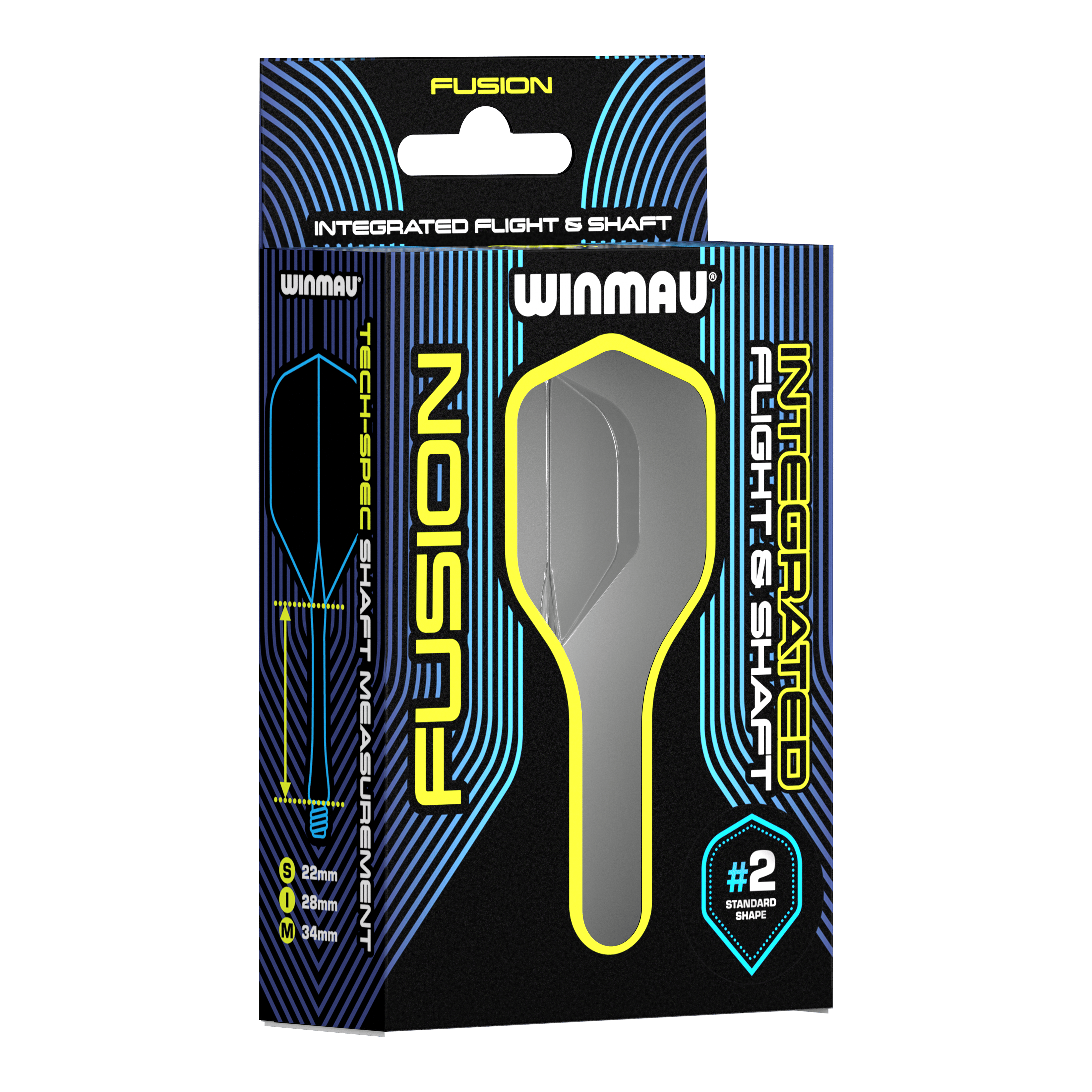 Winmau Fusion Flight Shaft System Standard Smokey Auf dem Bild ist eine Verpackung des Winmau Fusion Integrated Flight & Shaft Systems zu sehen. Das Produkt hat die Größe 22 mm und ist in der Farbe "Smokey" erhältlich.