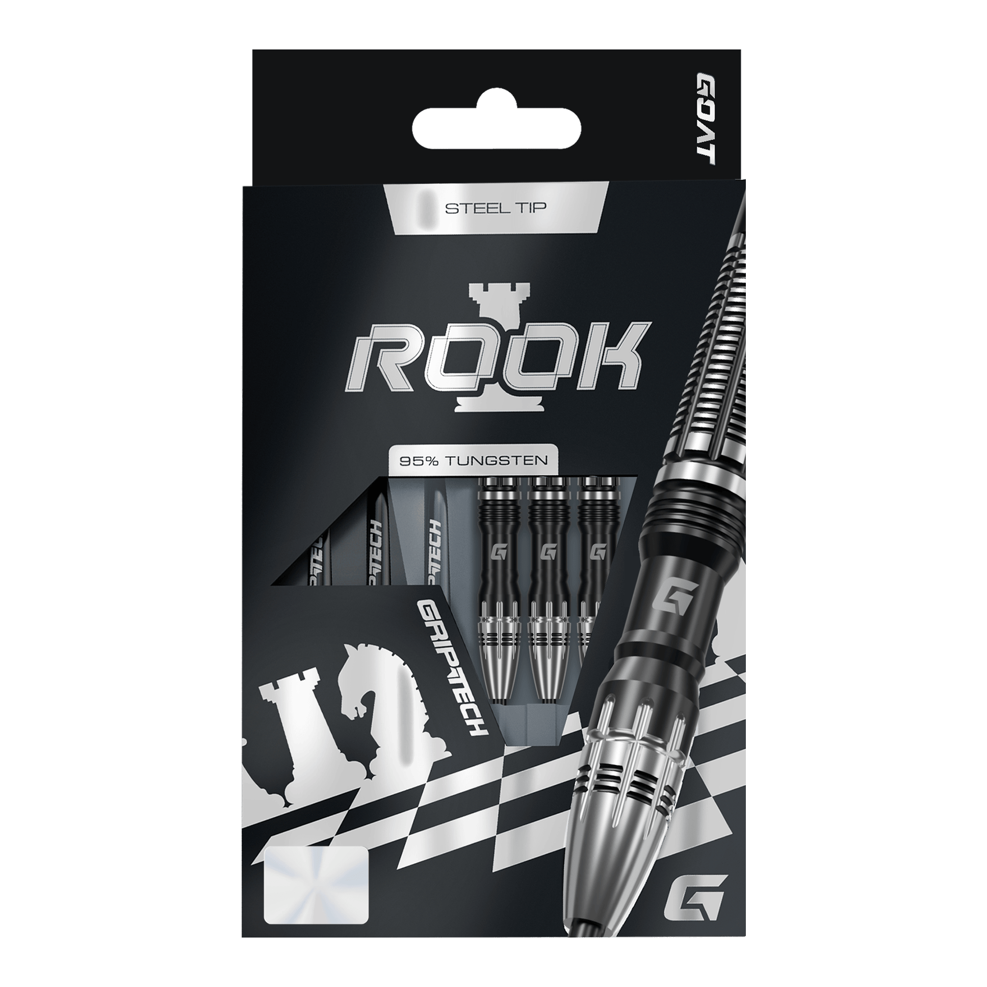 Das Bild zeigt GOAT Rook Steeldarts. Es handelt sich um hochwertige Steeldart-Pfeile.