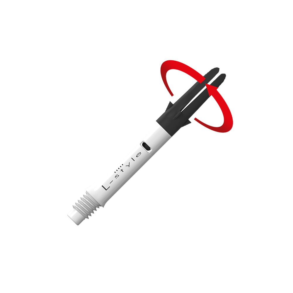 L-L-Style-Shaft Carbon Silent Straight - White Das Bild zeigt einen weißen und schwarzen Dartshaft mit der Aufschrift "L-style". Ein roter Pfeil deutet auf eine Drehbewegung an der oberen schwarzen Spitze des Schafts hin.