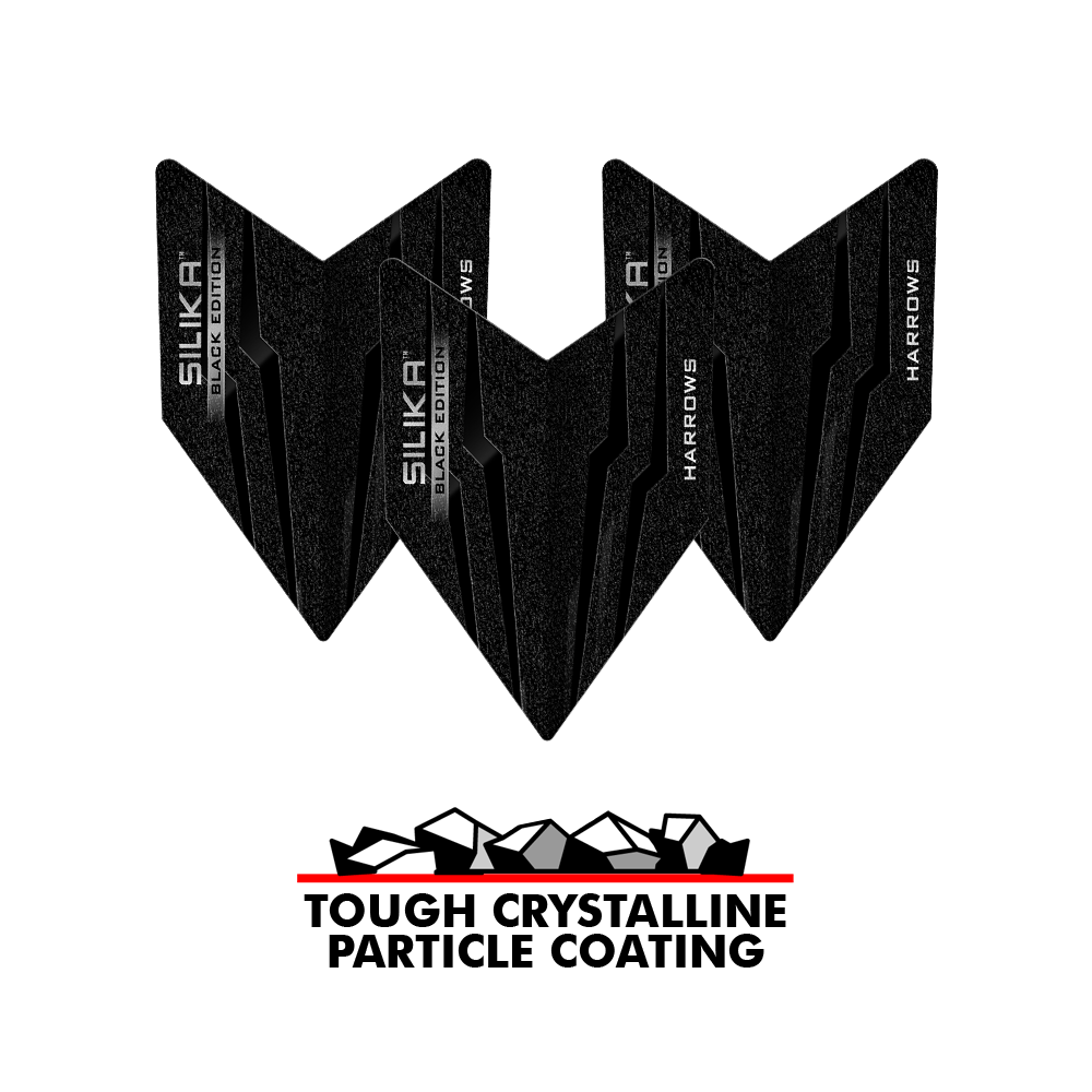 Harrows Silika Black Edition Velos Flights Das Bild zeigt die Harrows Silika Black-Edition Velos Flights in schwarzem Design. Unter den Flights steht der Slogan "Tough Crystalline Particle Coating" mit einer Grafik von Kristallen.