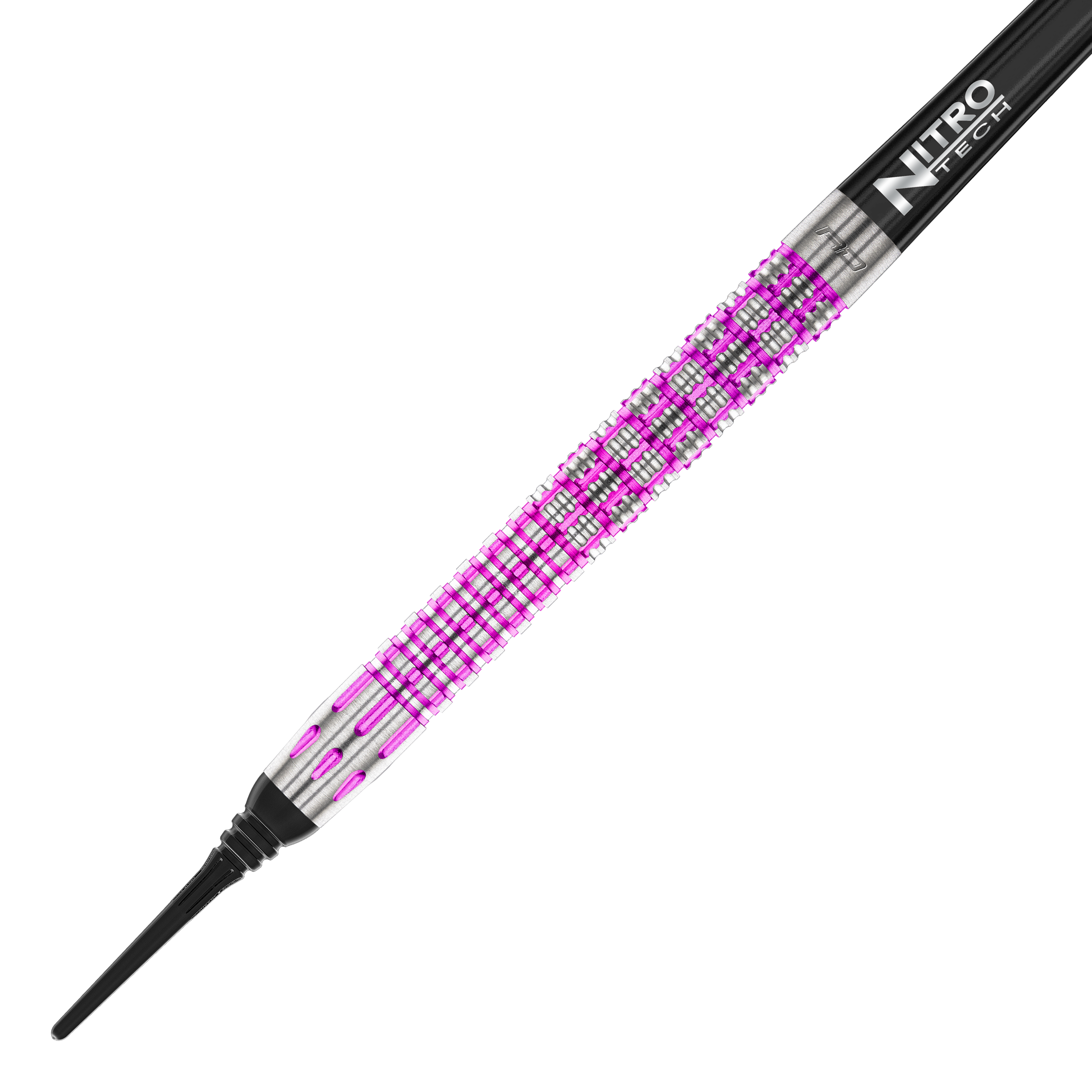 Red Dragon Tyrian Soft Darts - 22g Das Bild zeigt einen Red Dragon Tyrian Softdart mit einem Gewicht von 22g. Der Dart hat ein auffälliges Muster in Silber und Pink am Griff.