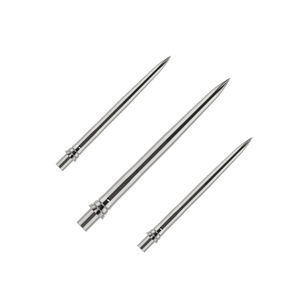 Caliburn EVO dart tips - Smooth - Silver Das Bild zeigt silberne Dartspitzen mit einer glatten Oberfläche, wahrscheinlich aus Metall. Die Dartspitzen sind 28mm lang und werden als Set präsentiert.