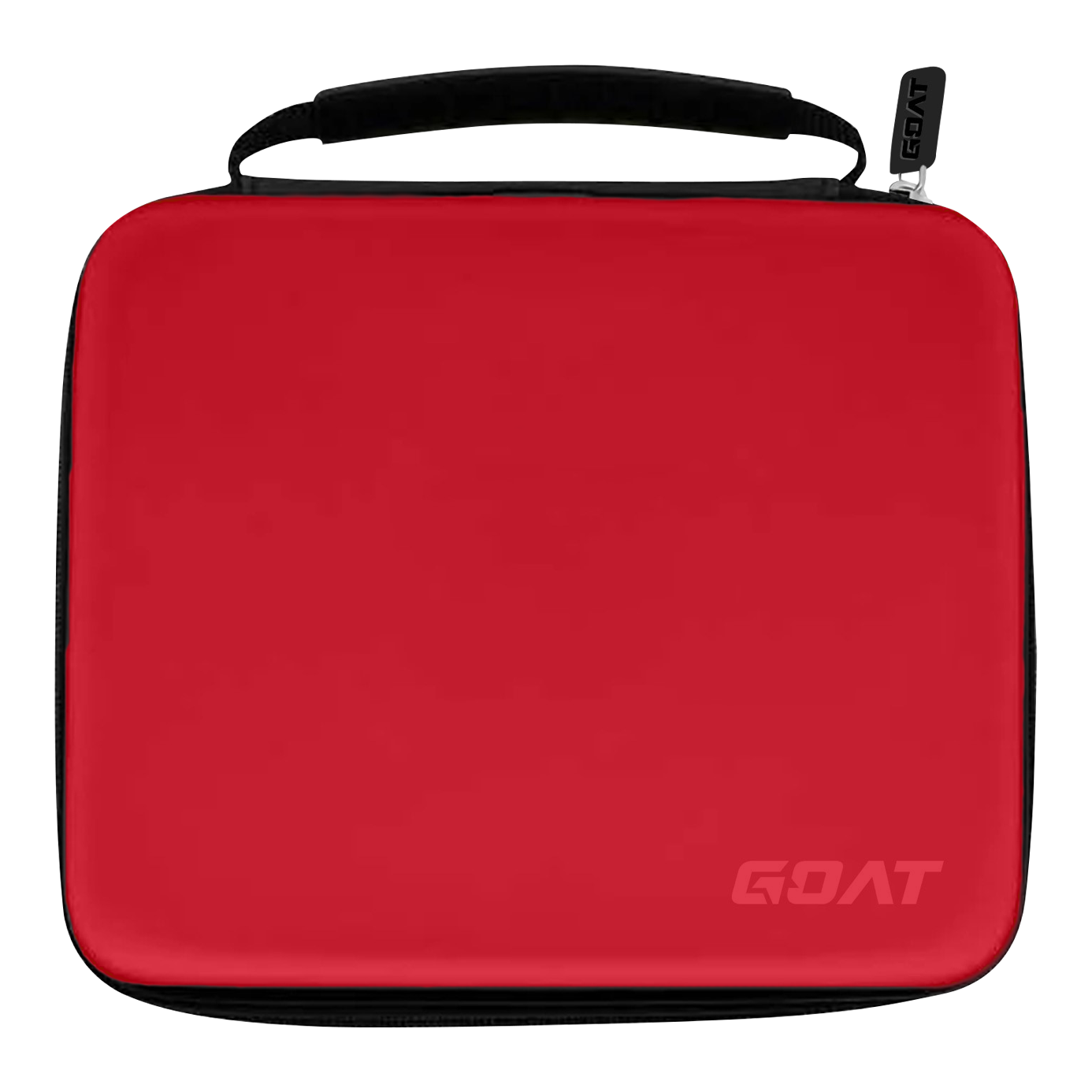 Das Bild zeigt ein rotes Etui mit schwarzem Griff und Reißverschluss. In der unteren rechten Ecke steht das Wort „GOAT“.