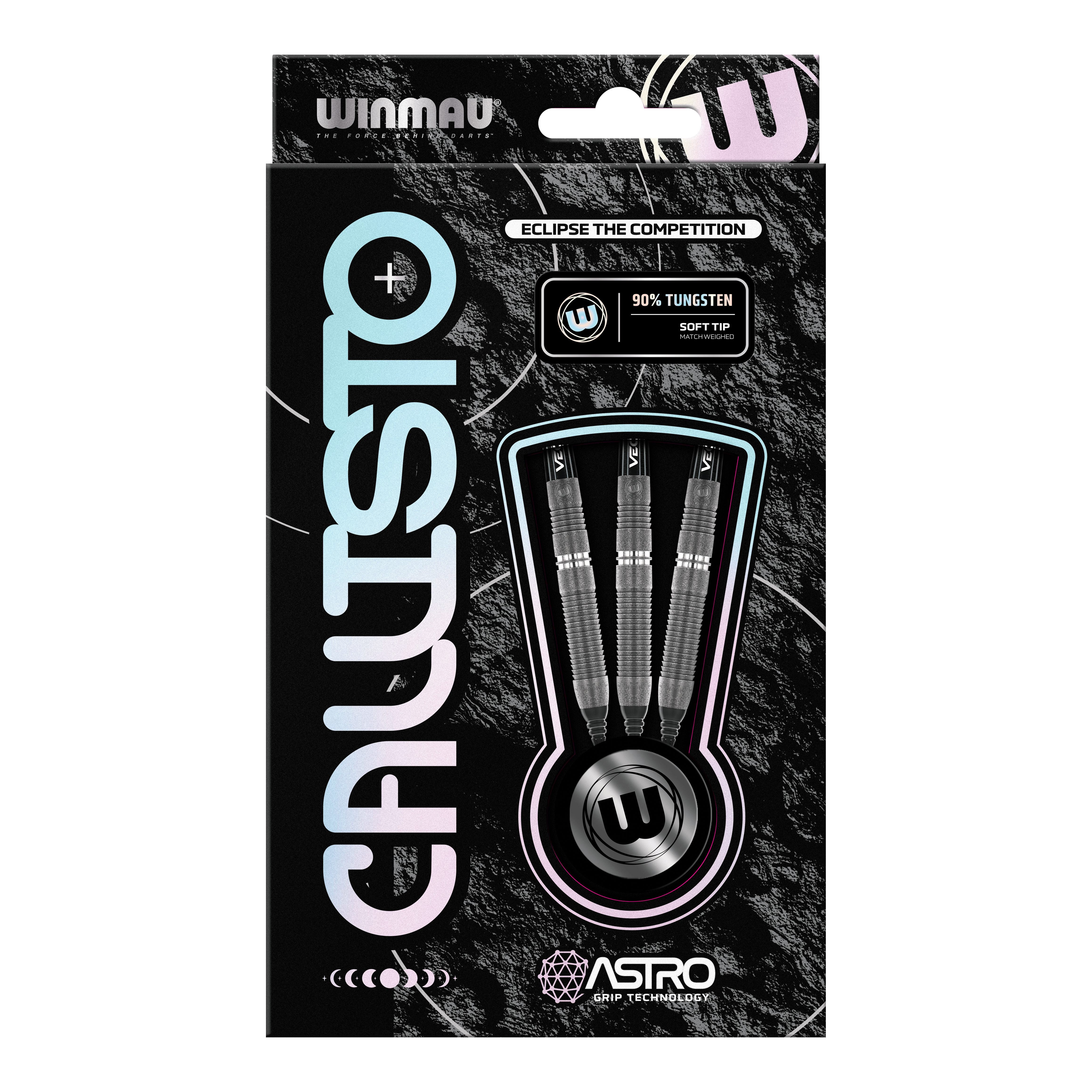 Winmau Callisto 03 soft darts - 20g Die Abbildung zeigt die Verpackung der Winmau Callisto 03 Softdarts mit einem Gewicht von 20 g. In der Schachtel sind drei schwarze Darts mit 90 % Tungsten und Softtip sichtbar.