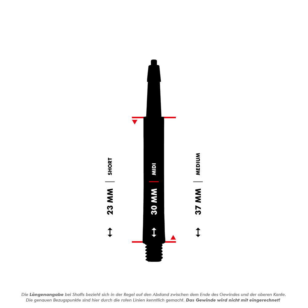Das Bild zeigt die Harrows Clic Standard Shafts in Schwarz mit drei Längenoptionen: Short (23 mm), Midi (30 mm) und Medium (37 mm). Die Längen werden zwischen den roten Linien gemessen, das Gewinde ist nicht mit eingerechnet.
