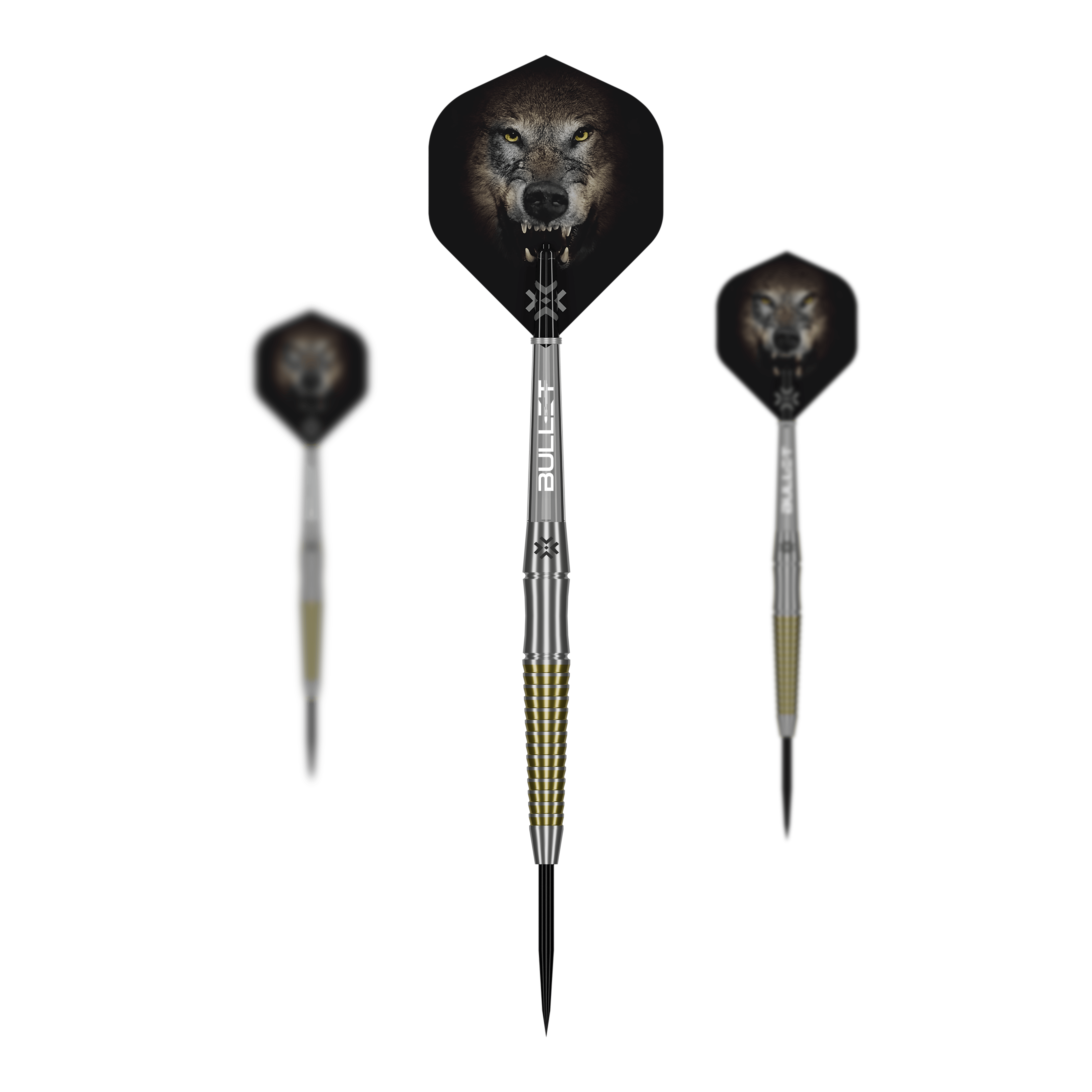 Bullet Fang steel darts Das Bild präsentiert ein Set der Bullet Fang Steeldarts. Mehrere Darts sind als Set zusammen abgebildet.