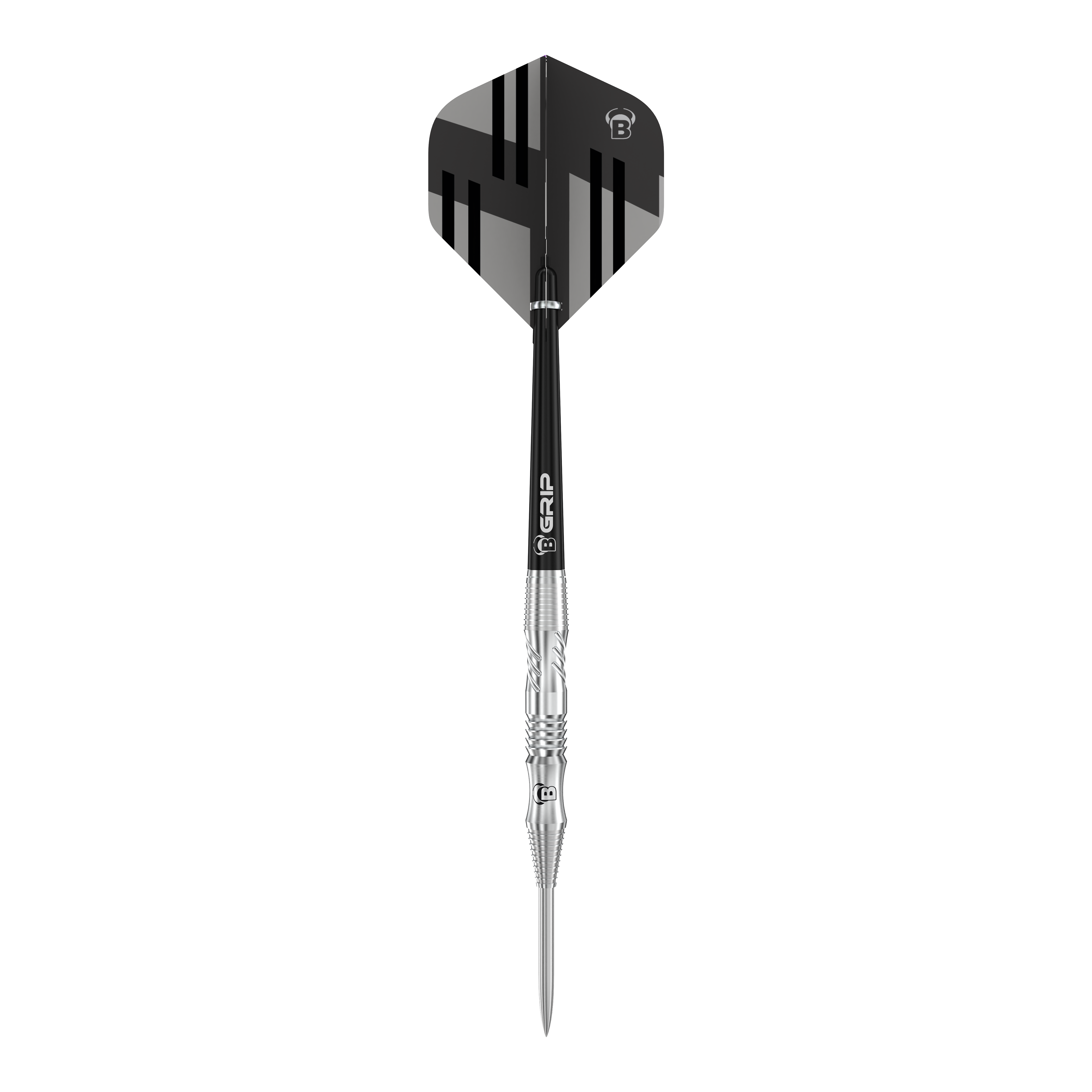 Bulls Tac T1 Steeldarts Das Bild zeigt einen Bulls Tac T1 Steeldart. Der Dart hat ein silbernes Barrel und ein schwarz-graues Flight-Design.