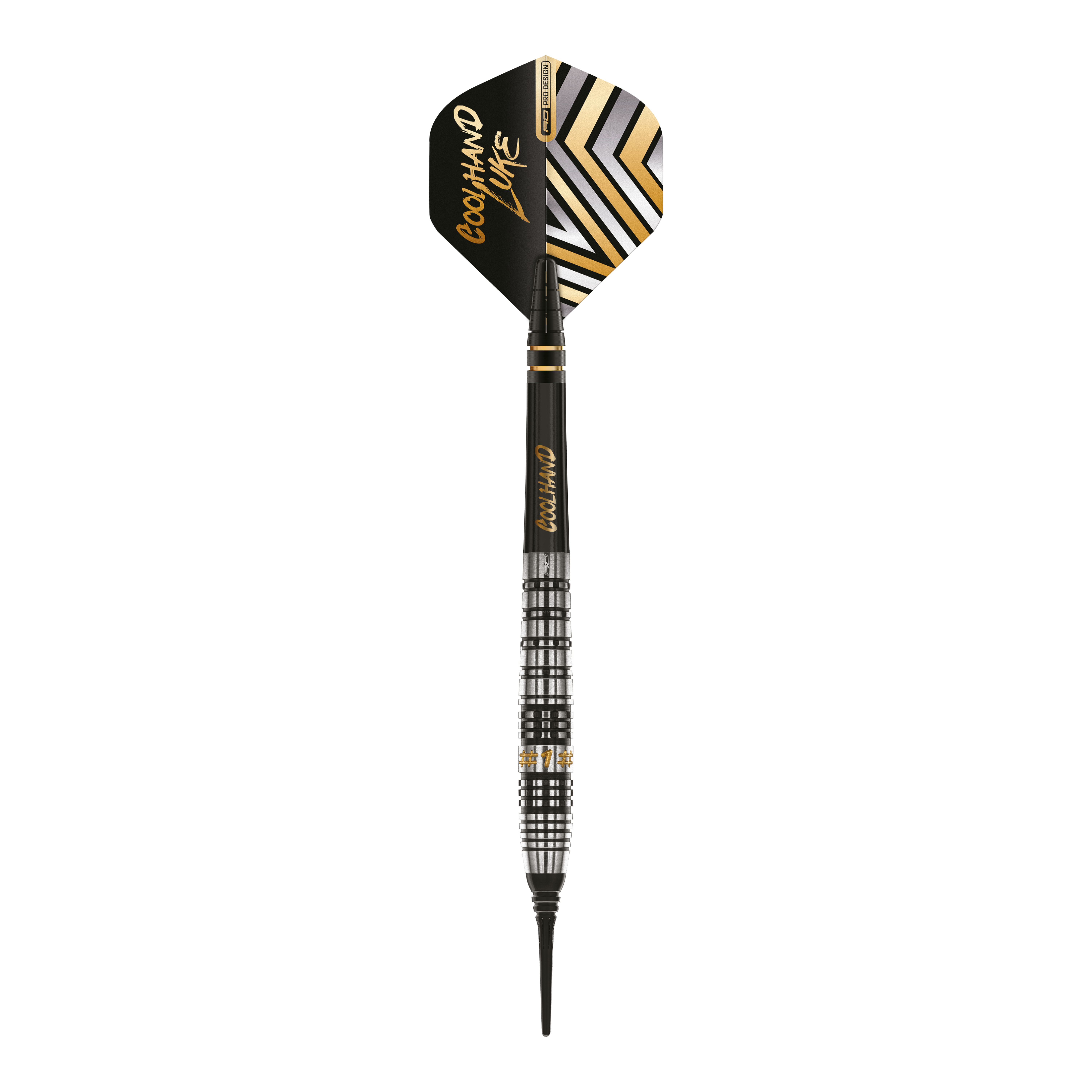 Red Dragon Luke Humphries Prestige Soft Darts - 20g Das Bild zeigt einen Red Dragon Luke Humphries Prestige Softdart mit einem Gewicht von 20g. Der Dart hat ein modernes schwarzes und silbernes Design mit goldenen Akzenten und der Aufschrift "COOL HAND LUKE" auf dem Flight.