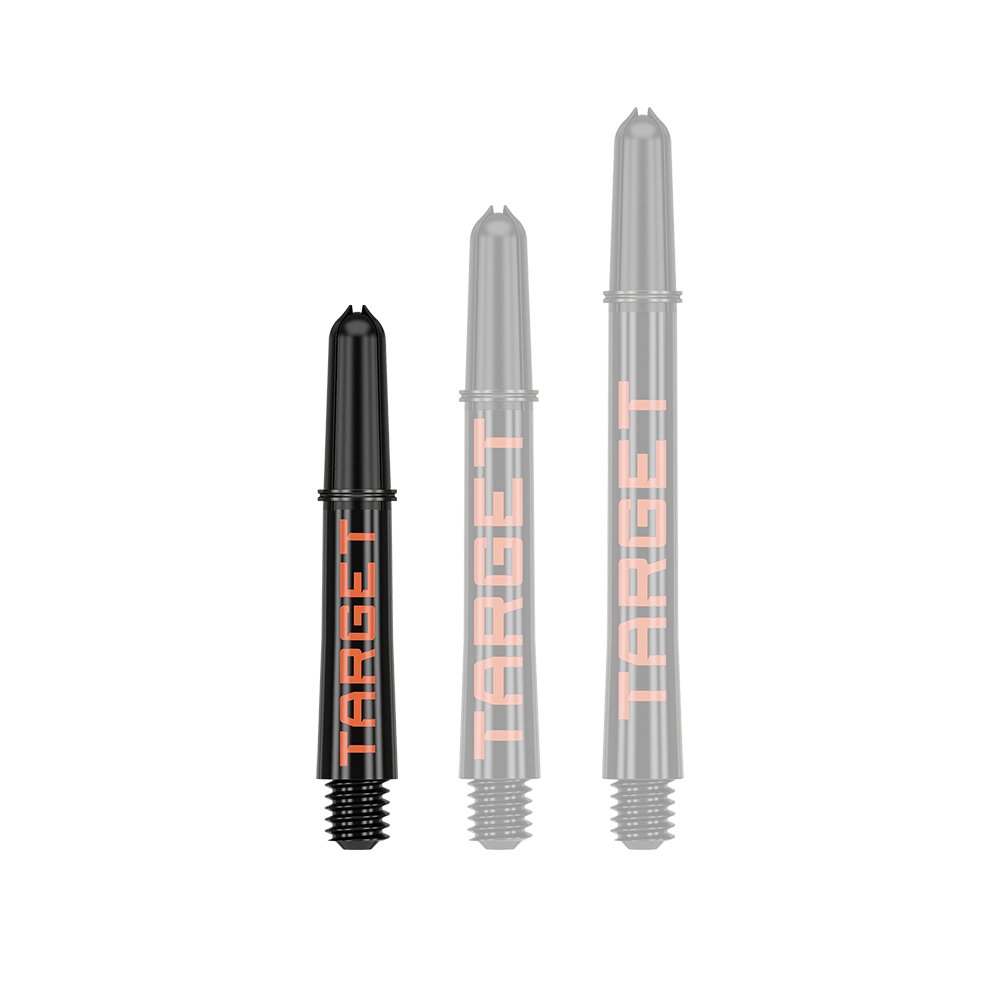 Target Pro Grip TAG Shafts - 3 Sets - Black Orange Auf dem Bild sind drei schwarze Dartschäfte in unterschiedlichen Längen zu sehen. Auf jedem Schaft steht in orangefarbener Schrift das Wort "TARGET".