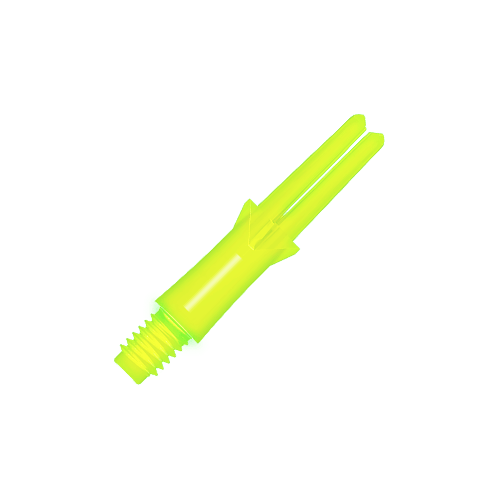 L-L-Style-Shafts Locked Straight - Neon Yellow Das Bild zeigt einen neongelben geraden Flightschaft für Dartpfeile. Der Schaft hat ein Schraubgewinde an einem Ende und eine offene Gabel am anderen Ende.