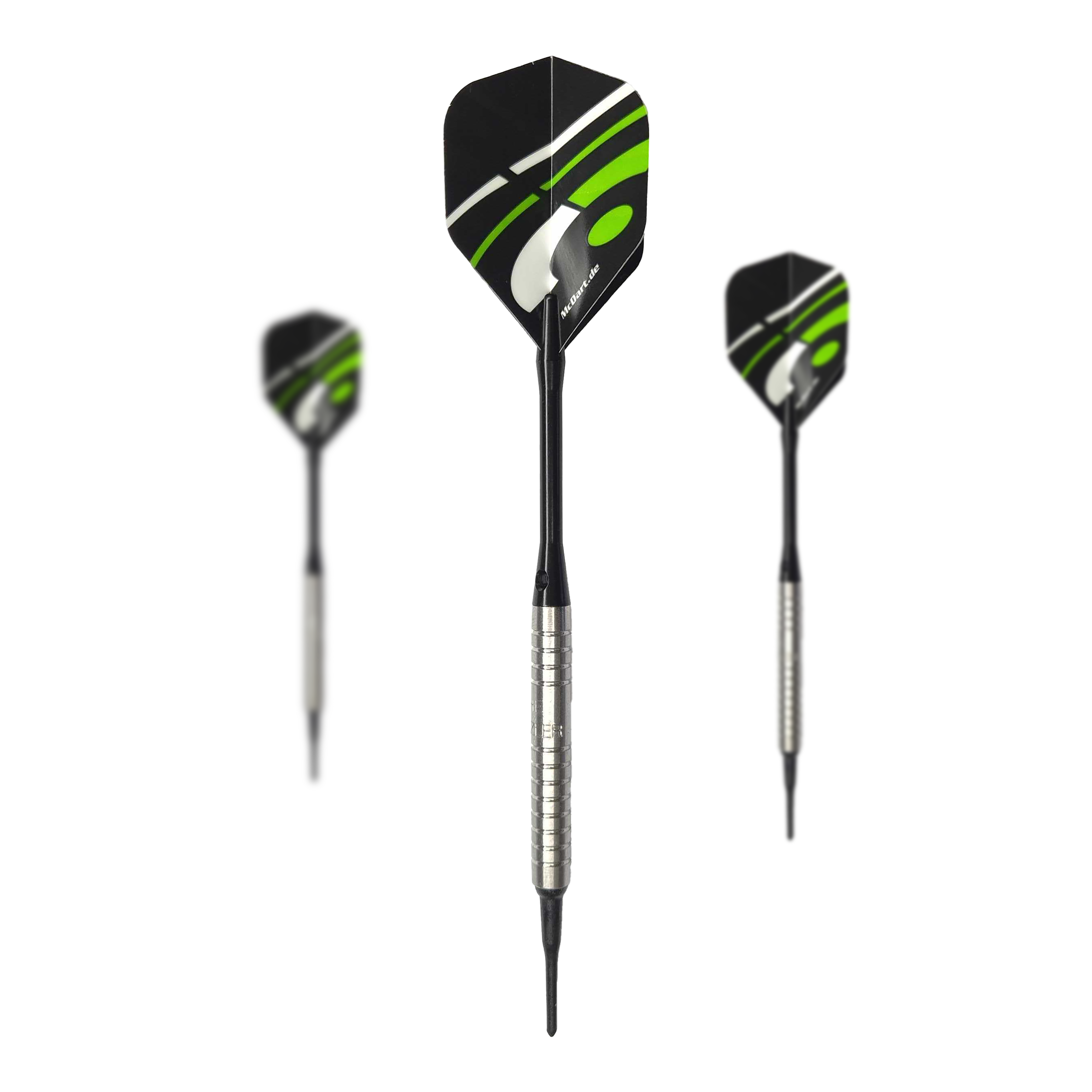 McDart 85 Tungsten V16 soft darts - 16.5g Das Bild zeigt drei Softdarts des Modells "McDart 85er Tungsten V16" mit einem Gewicht von 16,5g. Die Darts haben silberne Griffe und schwarze Flights mit grünen und weißen Akzenten.