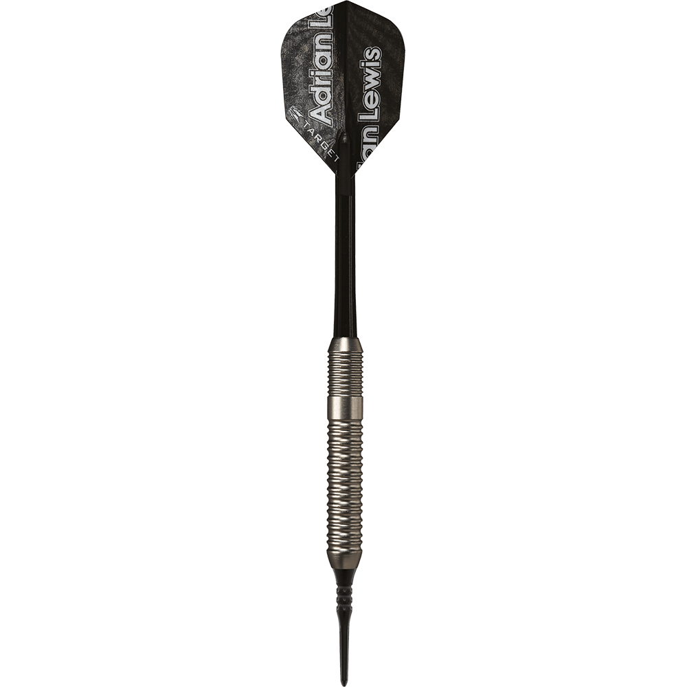 100540_Target_Adrian_Lewis_Silver_Jackpot_Softdarts_1Q9E888c5Maz3y Dies ist ein Softdart mit silbernem Griff und schwarzem Schaft. Auf der schwarzen Flightschaufel steht "Adrian Lewis" geschrieben.