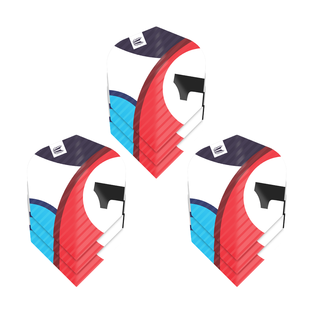 337217_Target_ProUltra_3Sets_Chicane_Blue_No6_Flights_1nLSZl512h3Di8 Das Bild zeigt drei Sätze von Target Pro Ultra Chicane Blue No6 Flights. Die Flights sind bunt gestaltet mit Blau, Rot, Schwarz und Weiß.