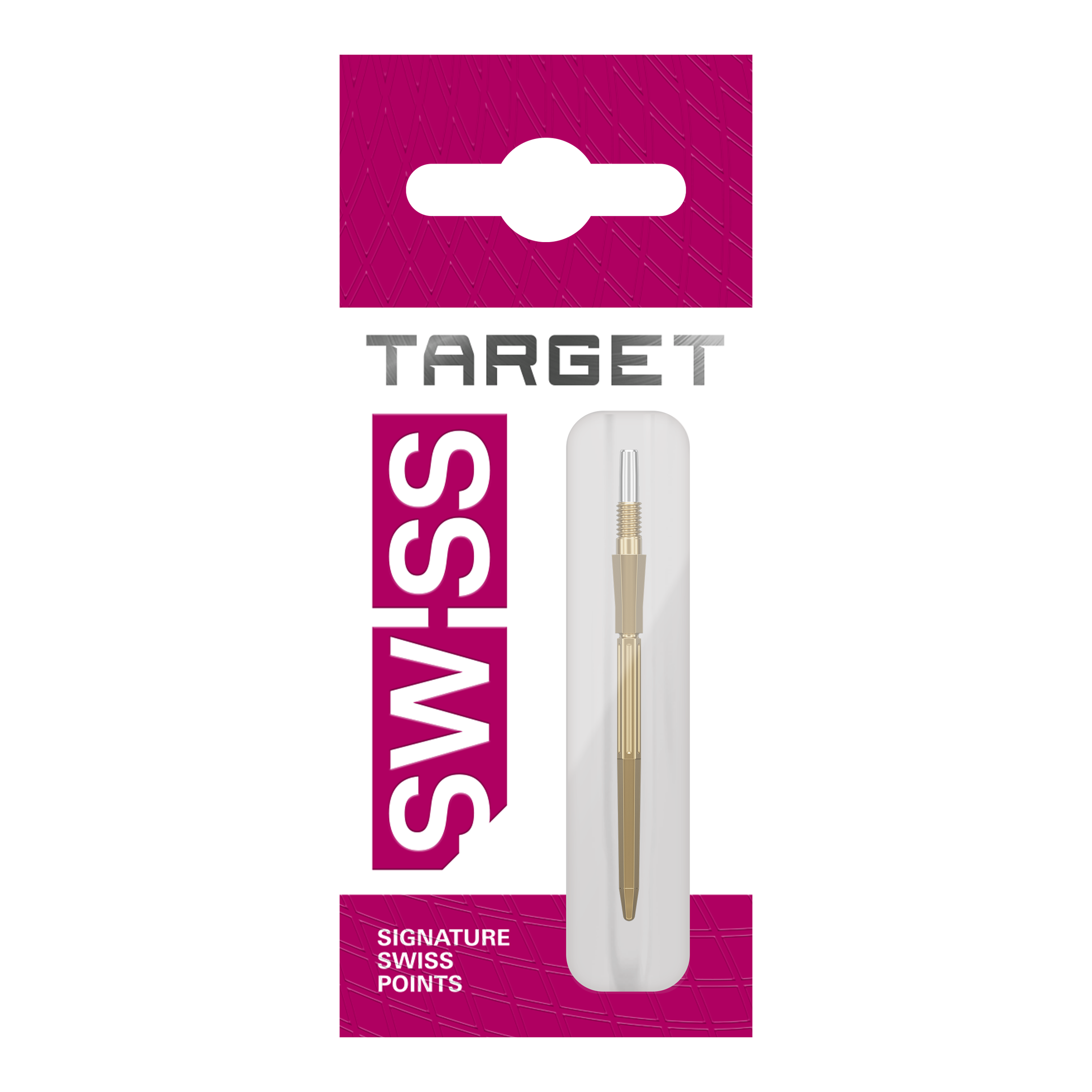 Abgebildet sind drei goldene Dartspitzen. Diese Dartspitzen sind Target Elysian Archetype 43 SwissPoint, 35 mm.