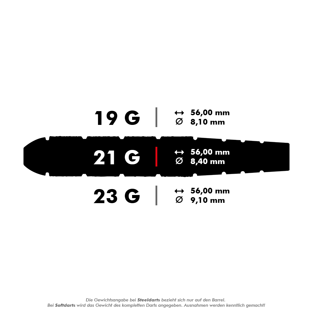 Das Bild zeigt die Harrows Voodoo Brass Steeldarts in drei verschiedenen Gewichten: 19 g, 21 g und 23 g. Für alle Gewichte beträgt die Länge 56,00 mm, während der Durchmesser je nach Gewicht zwischen 8,10 mm und 9,10 mm variiert.