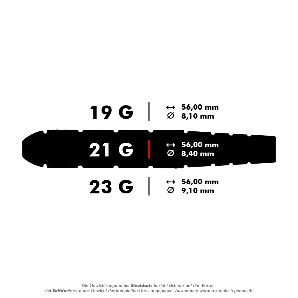 HA05116_Harrows_Voodoo_Brass_Steeldarts_5_21g Das Bild zeigt die Harrows Voodoo Brass Steeldarts in drei verschiedenen Gewichten: 19 g, 21 g und 23 g. Für alle Gewichte beträgt die Länge 56,00 mm, während der Durchmesser je nach Gewicht zwischen 8,10 mm und 9,10 mm variiert.