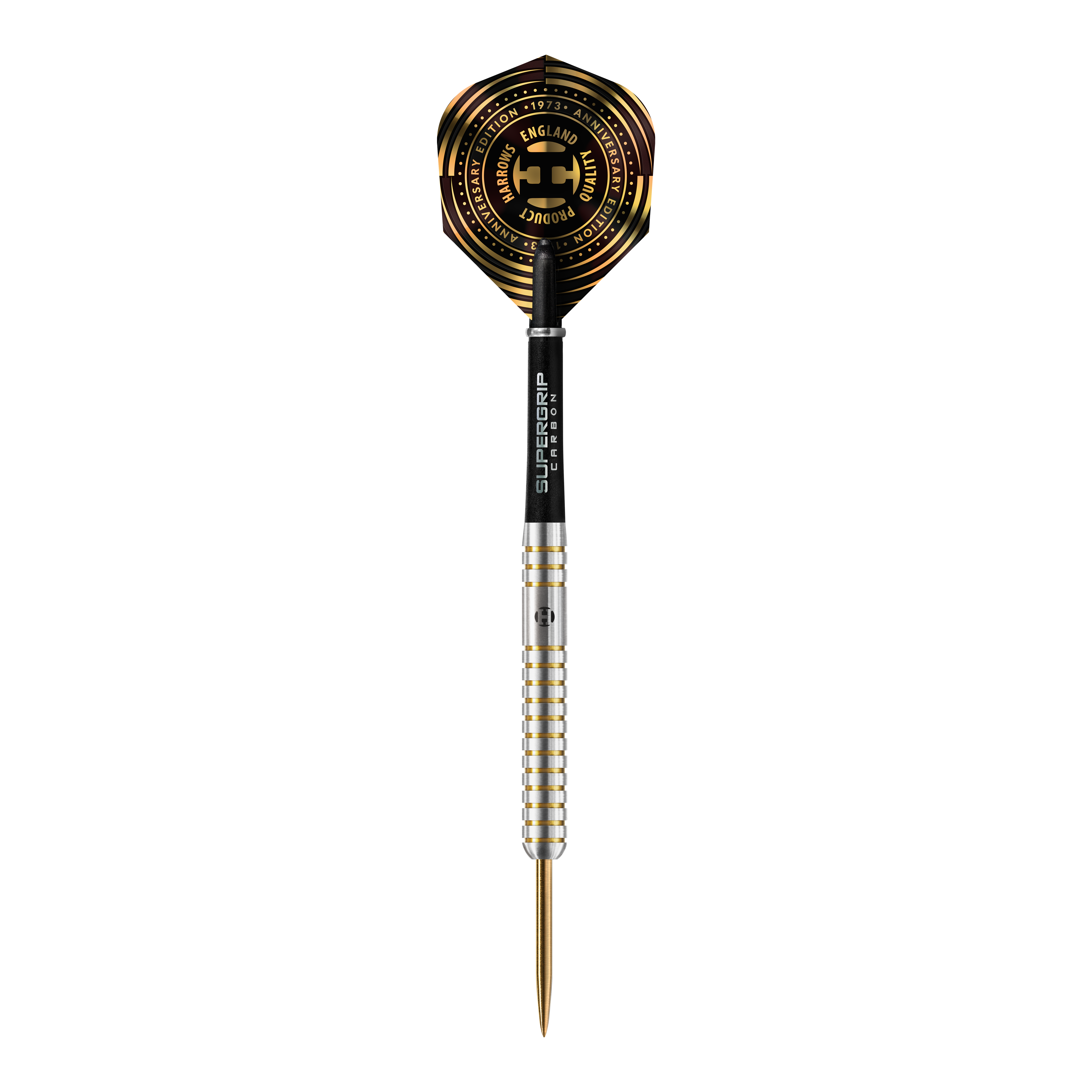 Harrows Anniversary Edition The Original Steeldarts Das Bild zeigt einen Harrows Anniversary Edition The Original Steeldart mit silbernem Schaft und goldenen Akzenten. Das Dartflight ist schwarz-gold gestaltet und trägt einen Jubiläumsaufdruck.
