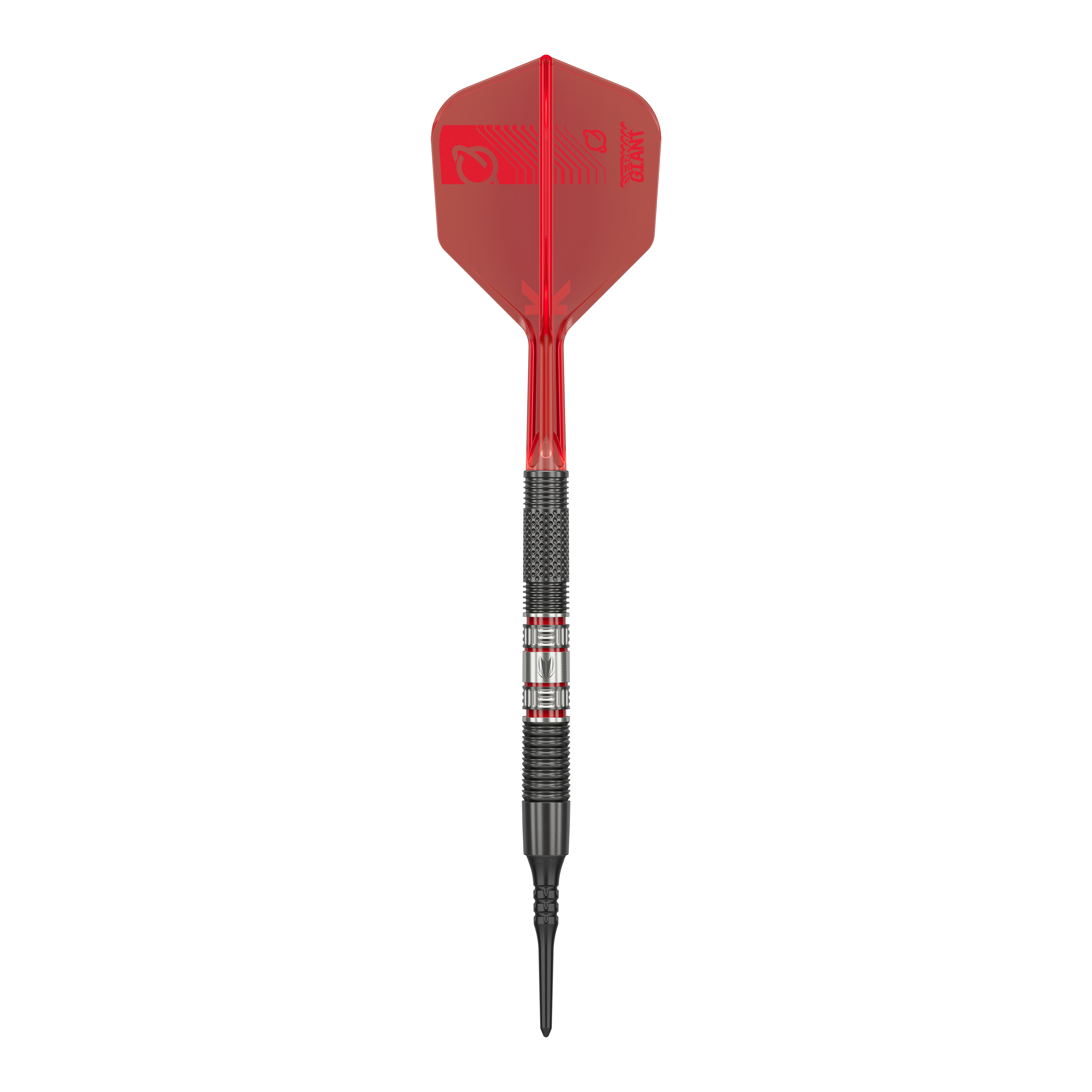 Target Gabriel Clemens 95K soft darts - 19g Das Bild zeigt einen Softdartpfeil des Modells „Target Gabriel Clemens 95K Softdarts - 19g“. Der Pfeil hat eine rote Flight, einen schwarzen Griffbereich und eine schwarze Spitze.
