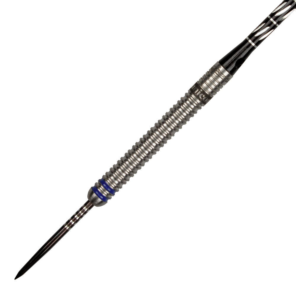27444_Unicorn_World_Champion_Gary_Anderson_Phase_3_Steeldarts_2 Auf dem Bild ist ein Steeldart der Marke Unicorn zu sehen, Modell "World Champion Gary Anderson Phase 3". Der Dart besteht aus silberfarbenem Metall mit blauen Ringen und einer strukturierten Griffzone.
