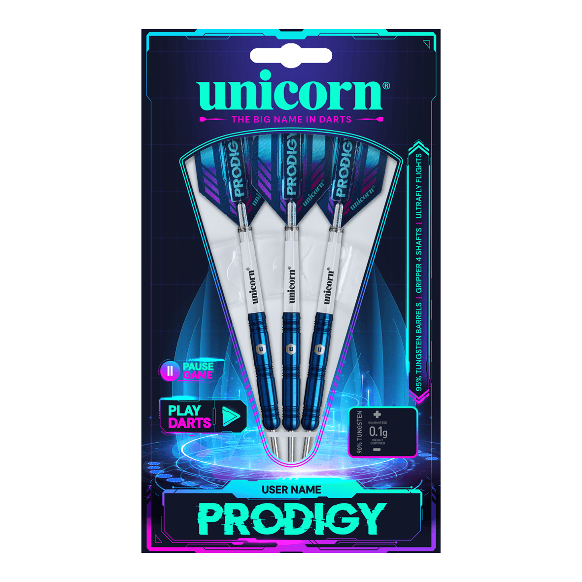 Unicorn Prodigy 01 Parallel Steeldarts Das Bild zeigt die Verpackung der "Unicorn Prodigy 01 Parallel Steeldarts". Drei blaue Steeldarts sind in einer modernen, futuristisch gestalteten Packung präsentiert.