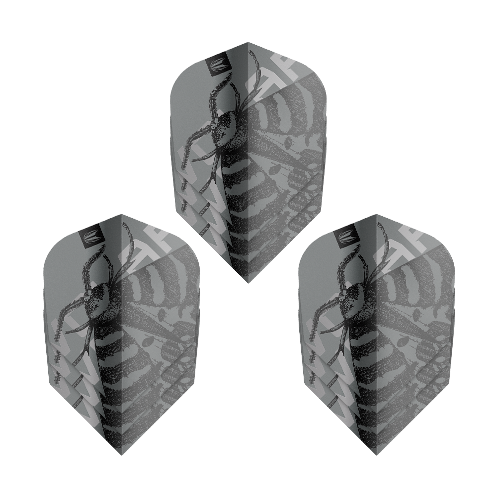 Target Pro Ultra Volar No6 Flights - 3 Sets Das Bild zeigt drei Sets von Target Pro Ultra Volar No6 Flights. Die Flights sind grau mit einem schwarzen Insektenmuster gestaltet.