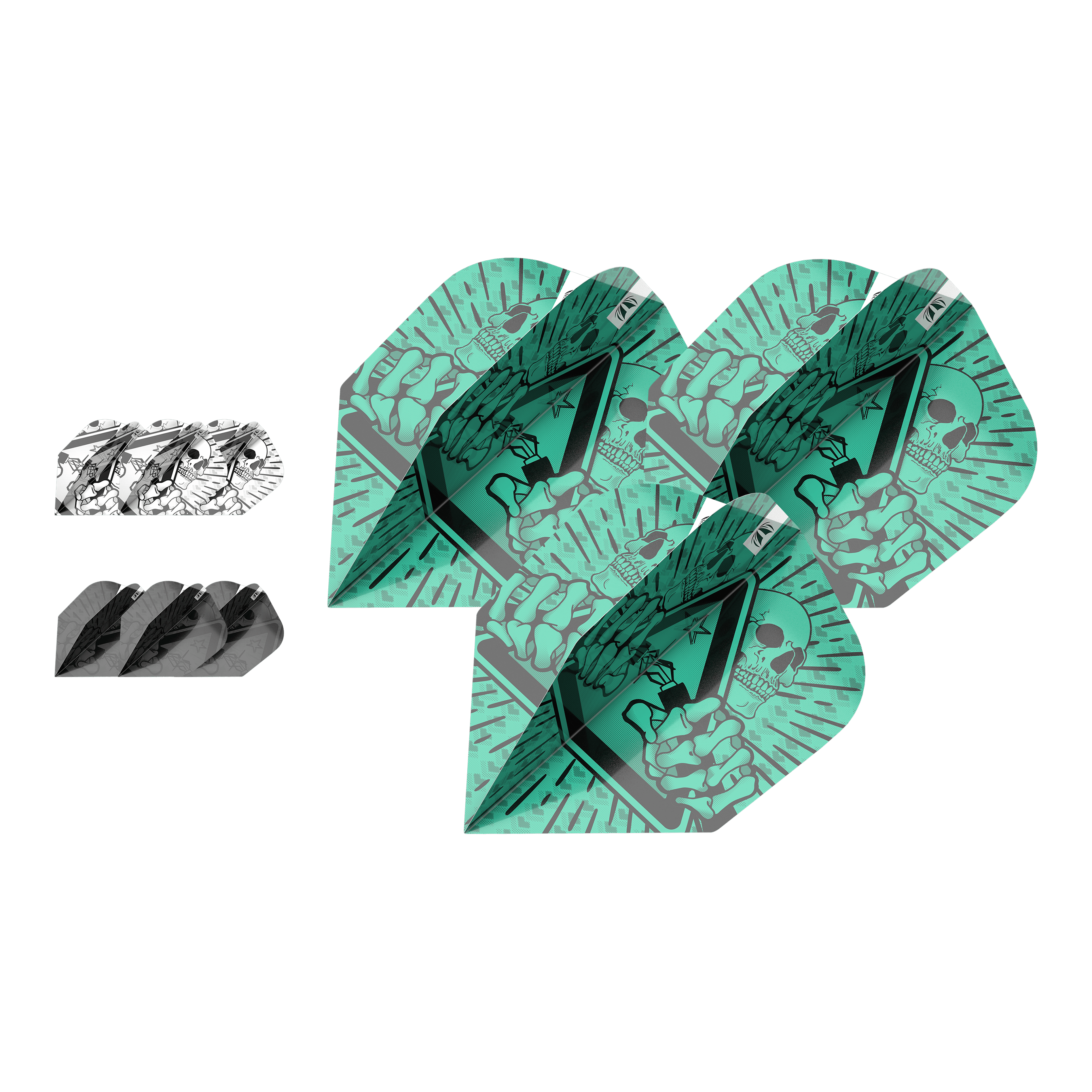 Target Ink Bundle 3 Sets Rob Cross No6 Flights Das Bild zeigt drei verschiedene Sets von Dartflights aus dem "Target Ink Bundle 3 Sets Rob Cross No6 Flights". Die Flights haben auffällige Designs in Grün, Schwarz und Weiß mit grafischen Motiven.