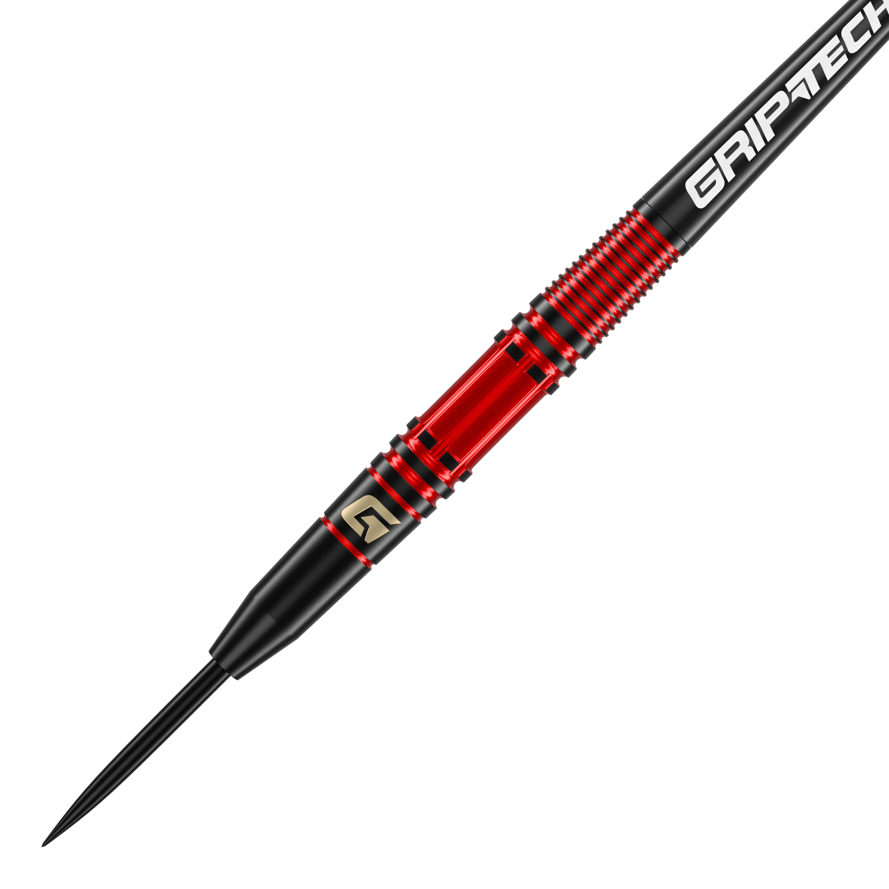 GOAT Athlete Red Brass Steeldarts - 11g Das Bild zeigt einen GOAT Athlete Red Brass Steeldart mit einem Gewicht von 11 Gramm. Der Dart hat ein auffälliges rotes und schwarzes Design mit dem Schriftzug "GRIPTECH" auf dem Schaft.