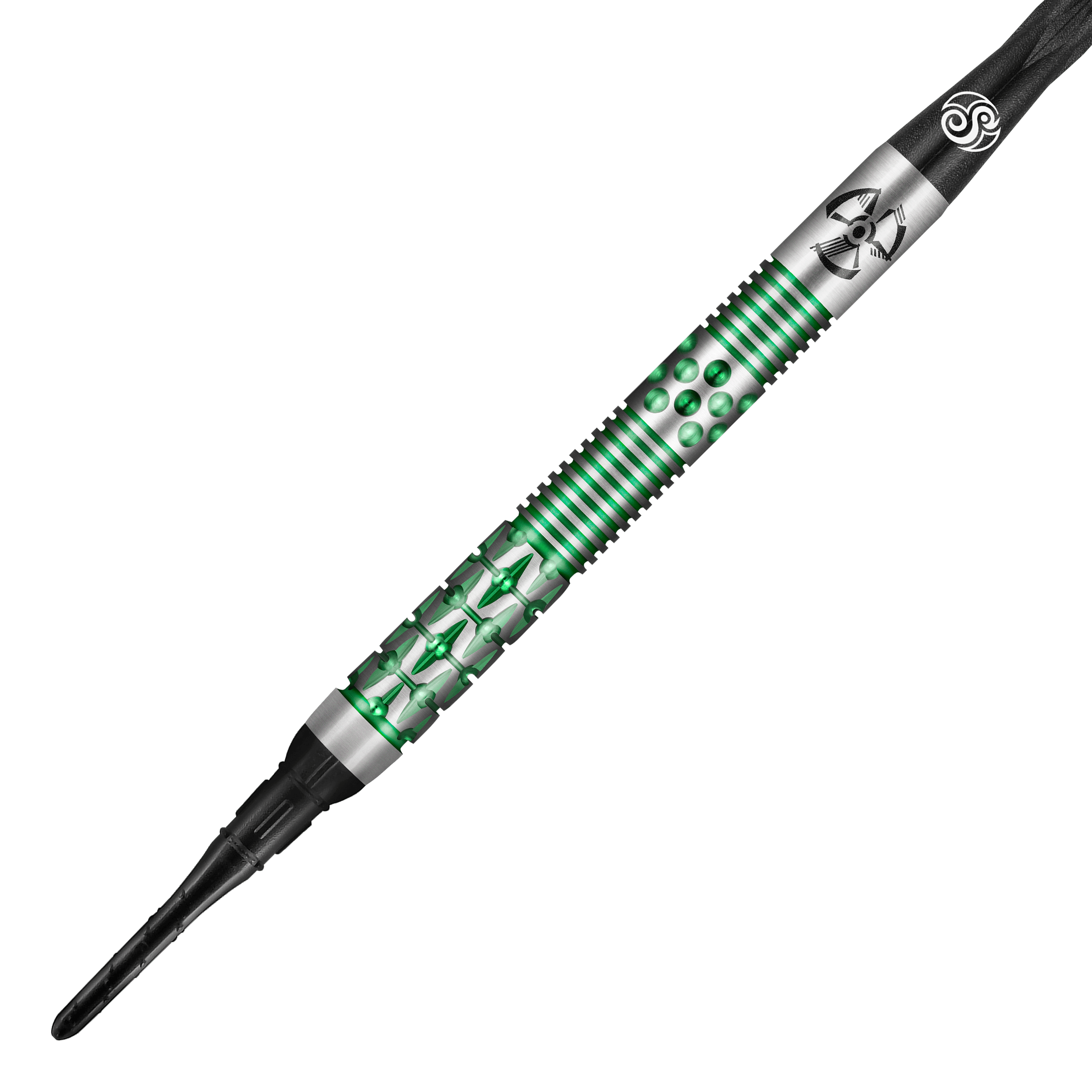 Shot Pro-Series Stowe Buntz 2 soft darts - 21g Das Bild zeigt einen Shot Pro-Series Stowe Buntz 2 Softdart mit einem Gewicht von 21g. Der Dart hat ein silbernes und grünes Design mit feinen Gravuren und Mustern.